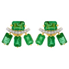 Octagon Emerald Gemstone Stud Earrings Diamond Solid 18k Yellow Gold Jewelry