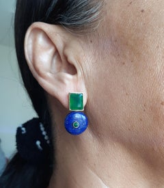Octagon Faceted Green Onyx Emerald 14K Gold Wheel Shape Lapis Lazuli Earrings