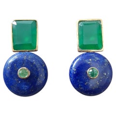 Octagon Faceted Green Onyx Emerald 14K Gold Wheel Shape Lapis Lazuli Earrings