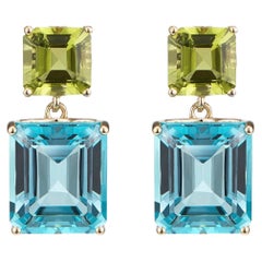 Octagon Gold Drop Earrings in Peridot & Blue Topaz