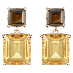 Octagon Gold Drop Earrings in Smoky Quartz & Citrine