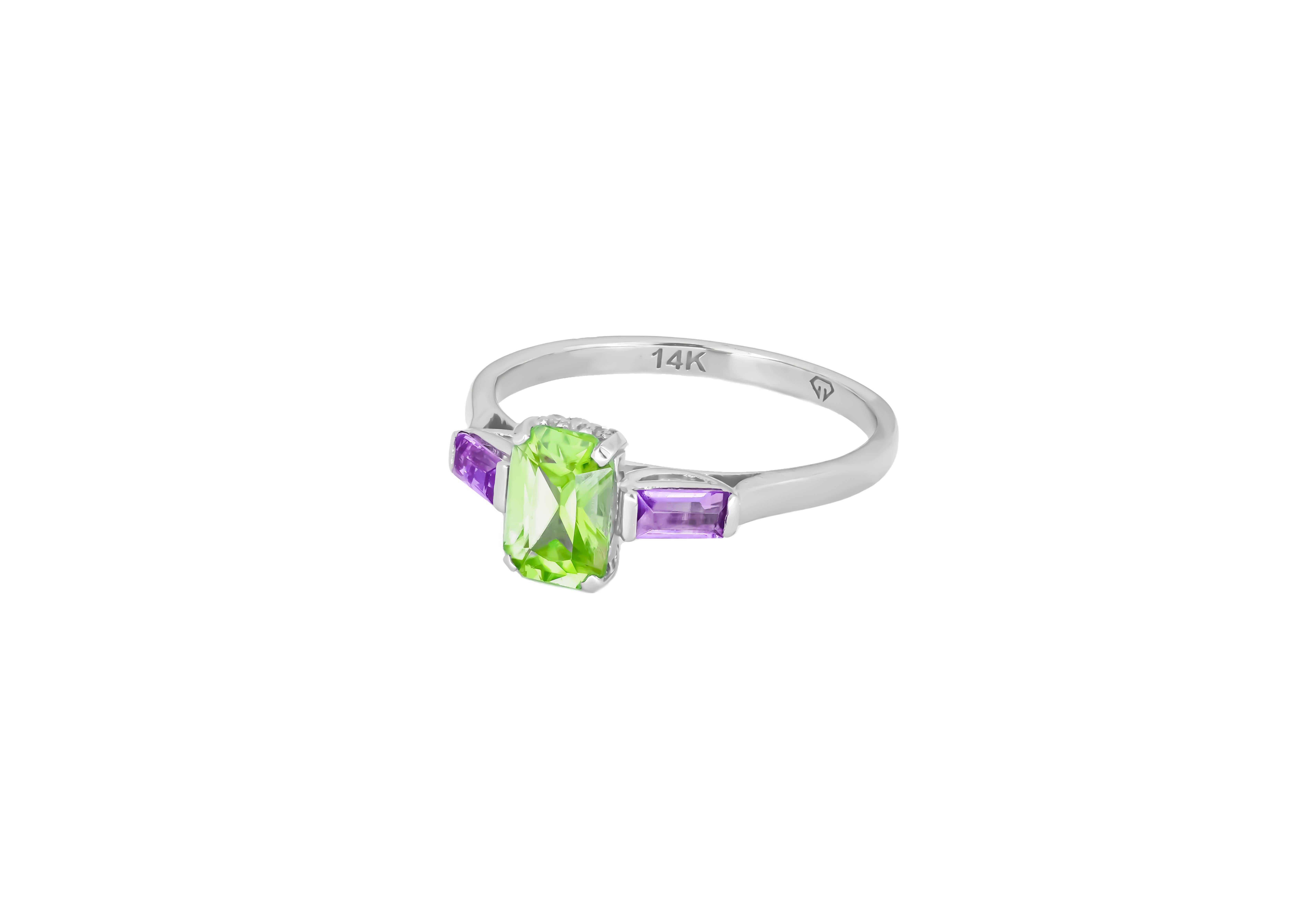 Baguette Cut Octagon lab peridot 14k gold ring. For Sale