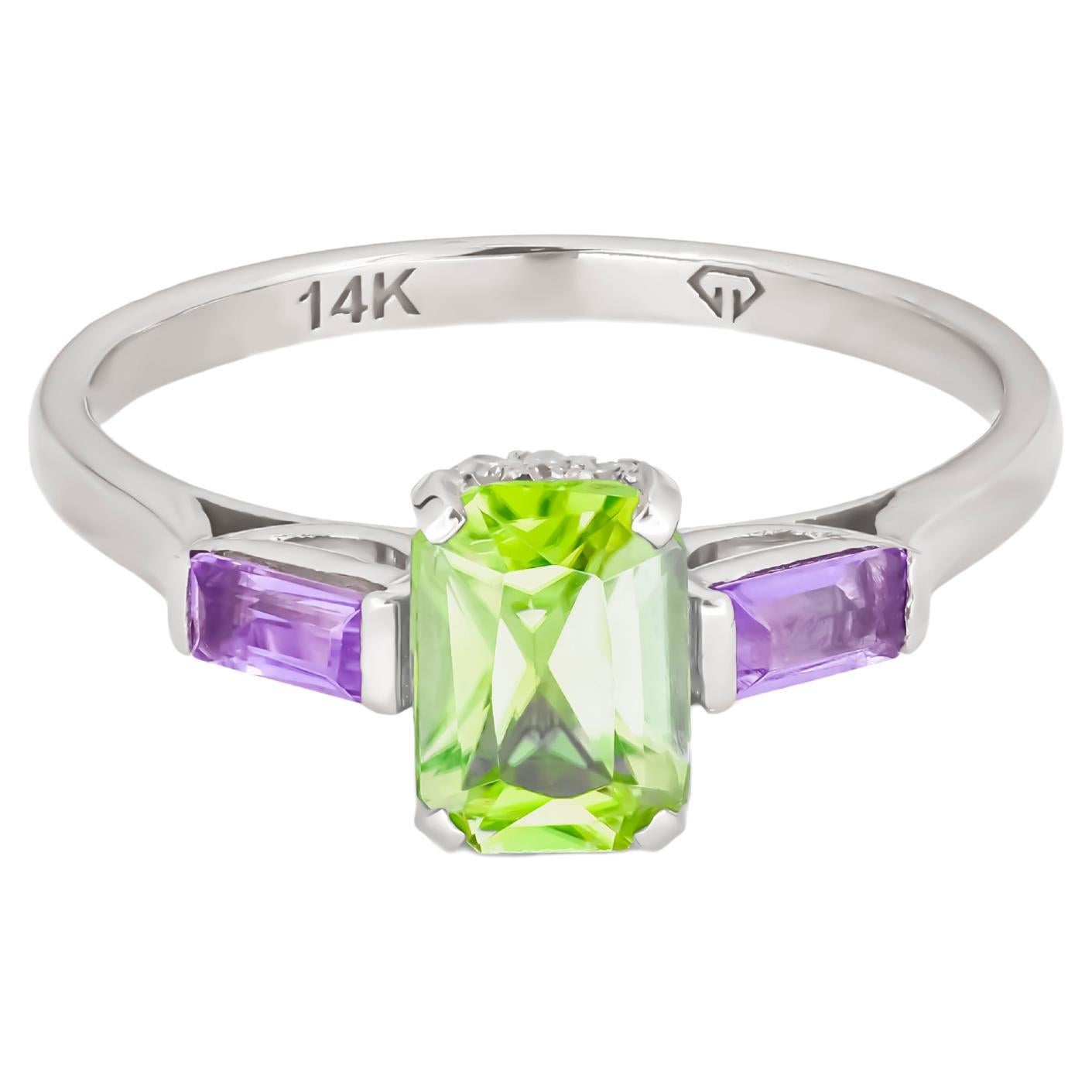 Octagon lab peridot 14k gold ring. For Sale