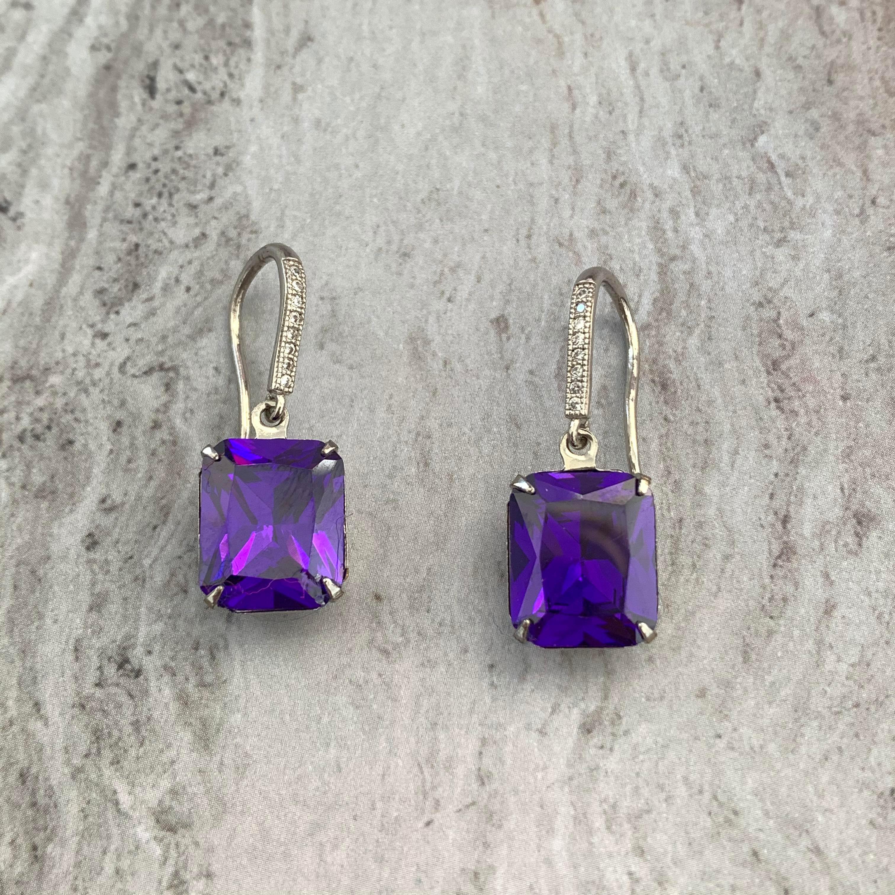 Contemporary Octagon Lab Tanzanite on micropave sterling silver hook earrings