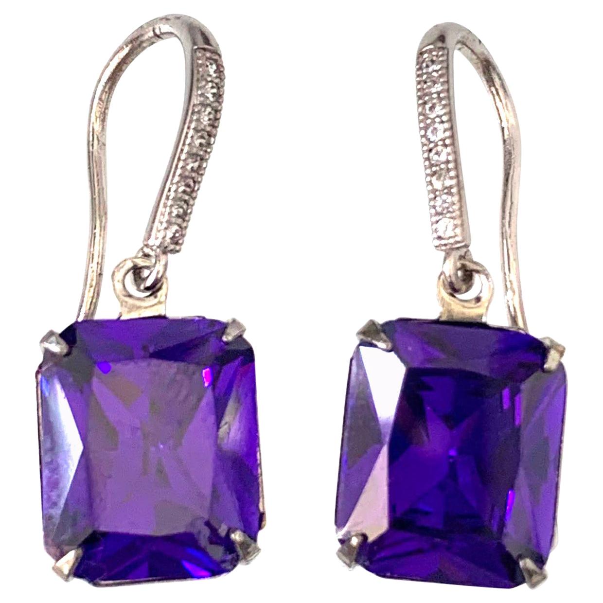 Octagon Lab Tanzanite on micropave sterling silver hook earrings