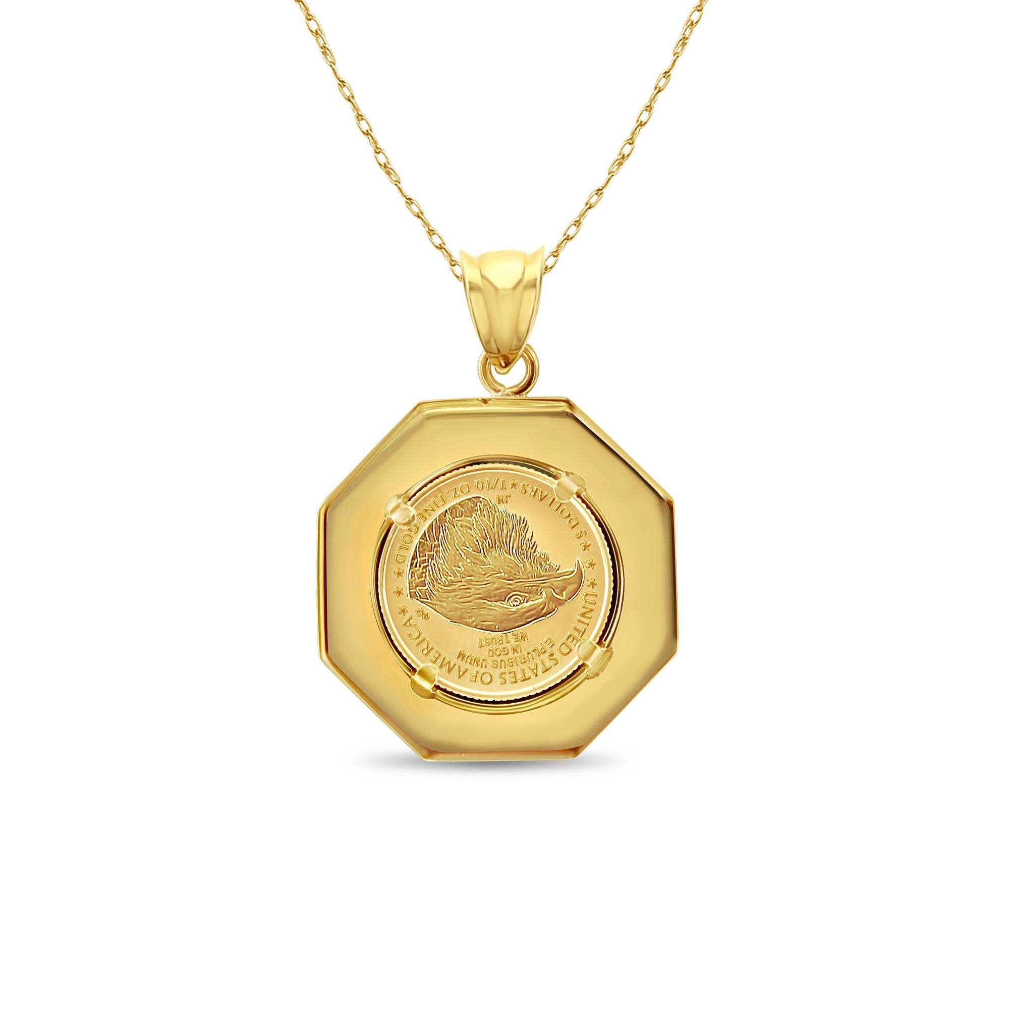 ♥ Coin Information ♥

Coin Metal: 22K Fine Gold
Metal Content: 1/10OZ Fine Gold
Denomination: $5
Obverse: Lady Liberty Holding Branch Torch
Reverse: One Bald Eagle
Year: Varies
Total Weight: 8 grams

♥ Bezel Information ♥

Main Stone: