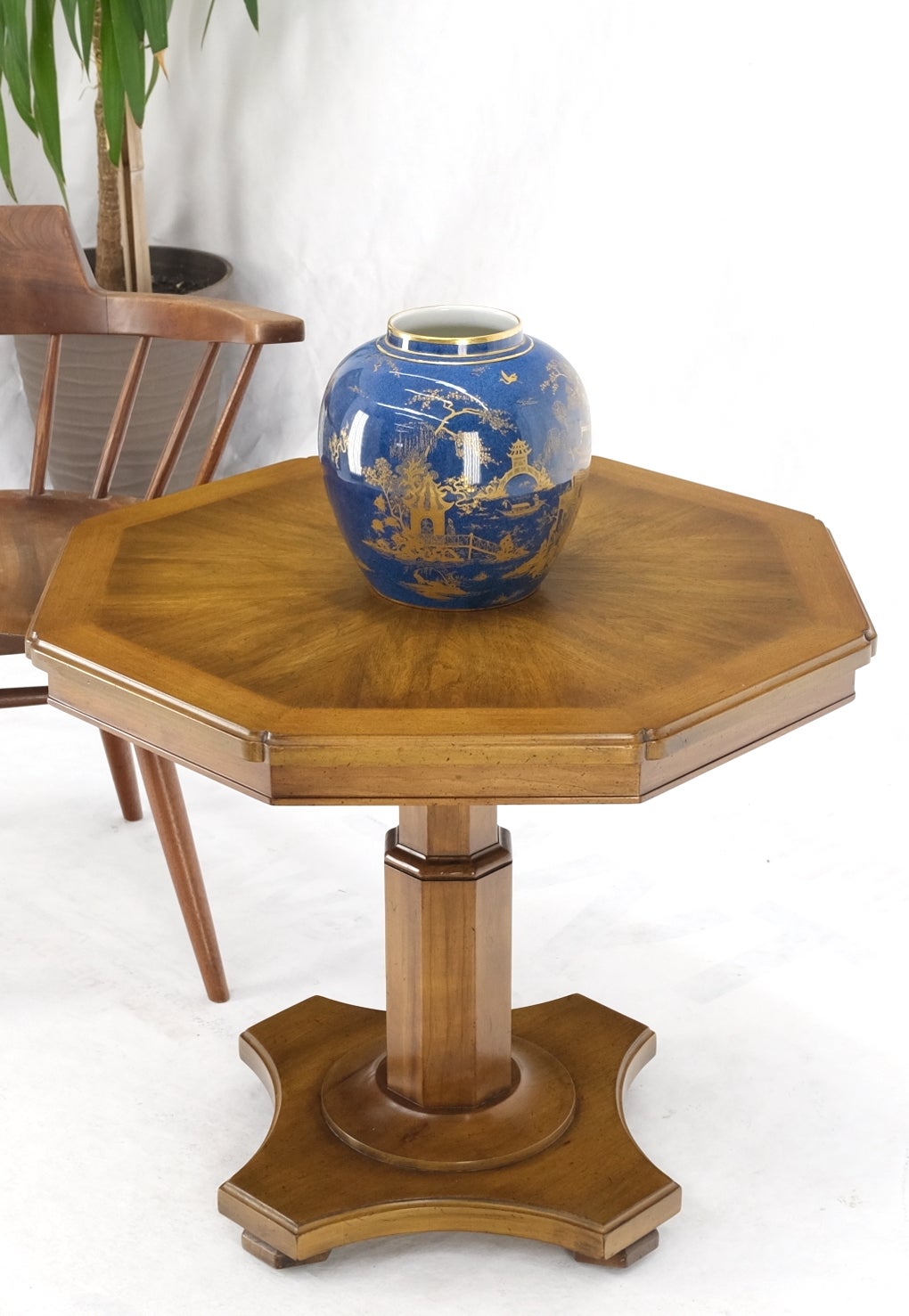 Octagon light walnut Mid-Century Modern Widdicomb side end pedestal table stand.