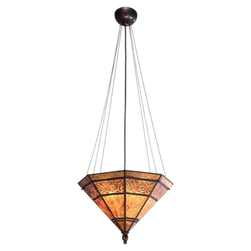 Lampada a sospensione ottagonale in stile arti e mestieri realizzata a mano in mica