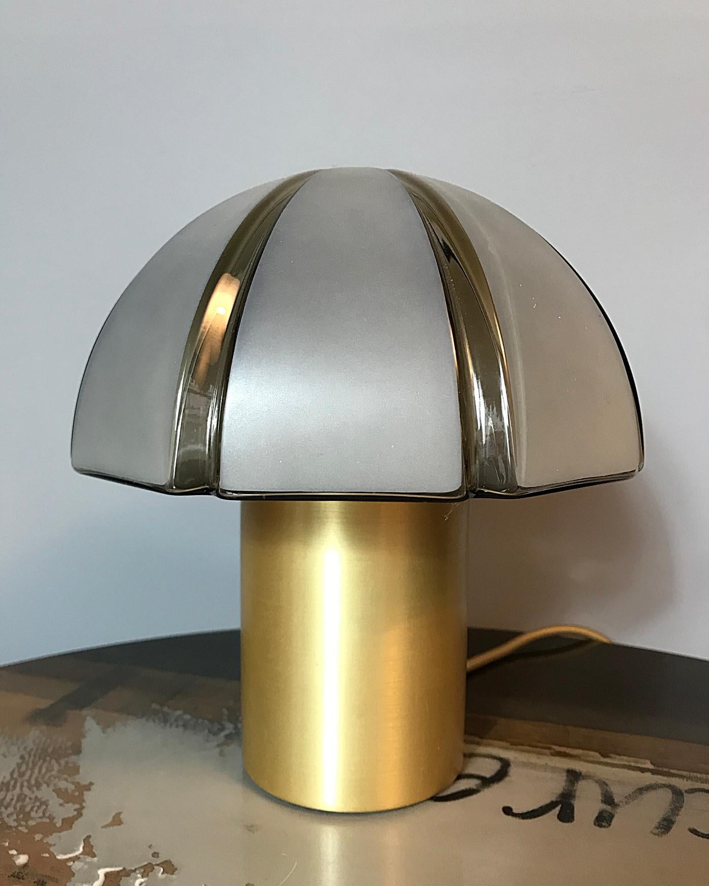 Space Age Octagon Mushroom Peill & Putzler Brass & Blown Glass Table Lamp, 1970s, Germany For Sale