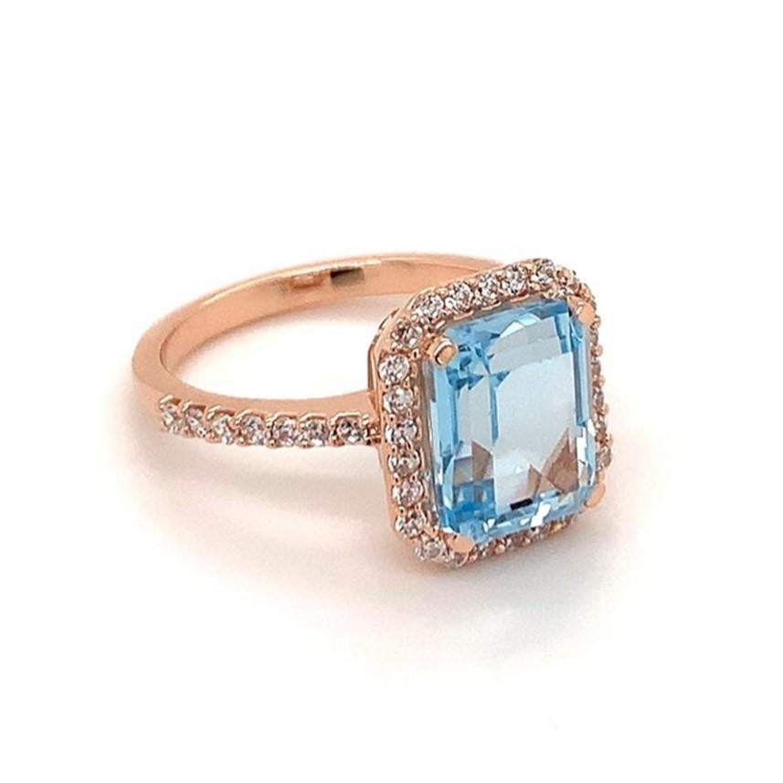 Octagon Cut Octagon Natural Sky Blue Topaz And CZ Rose Gold over Sterling Silver Ring For Sale