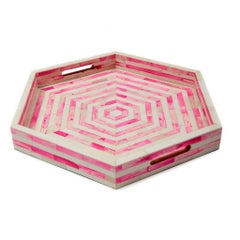 Octagon Pink and White Stripped Bone Inlay Cocktail Tray
