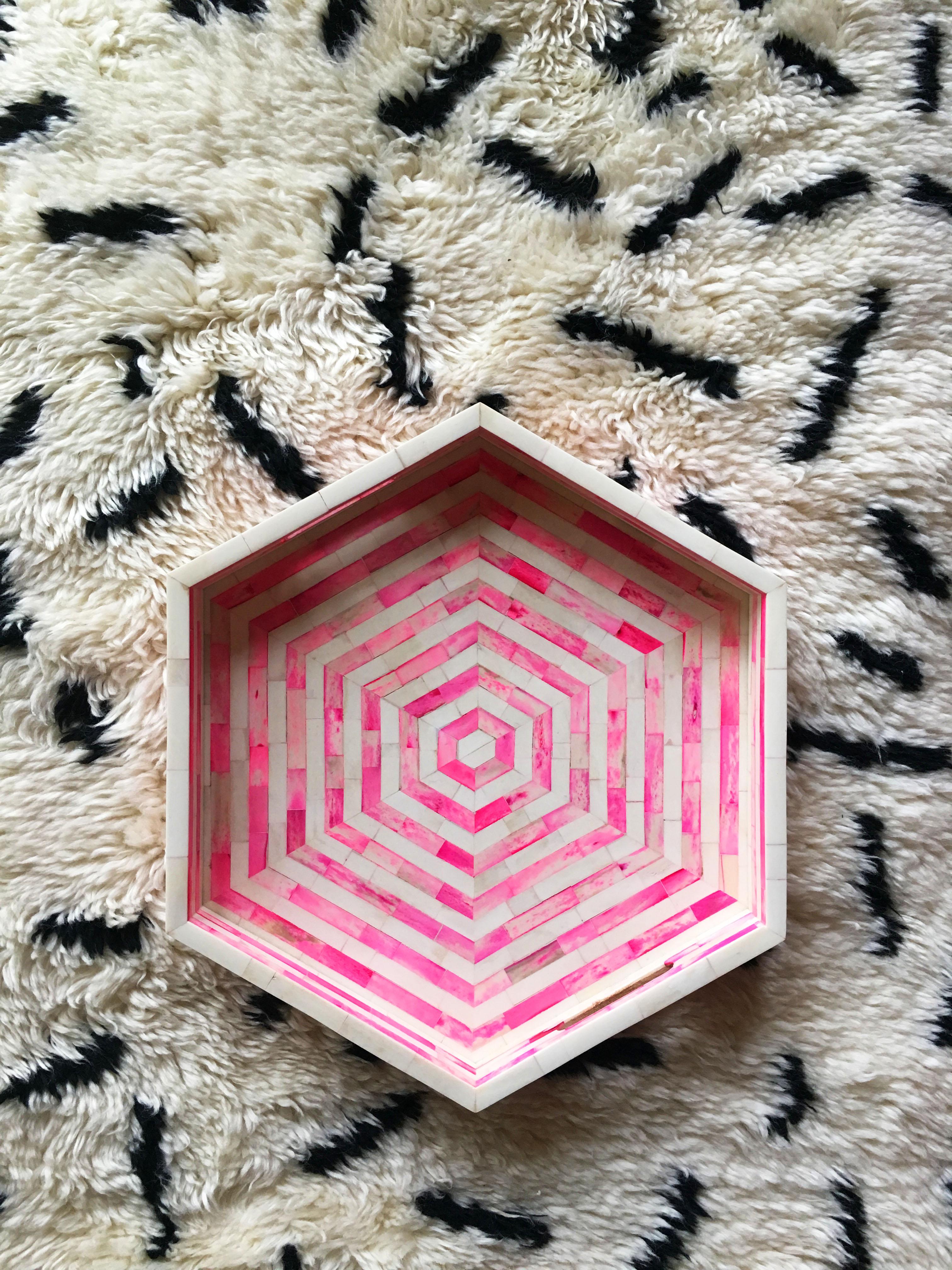 Indian Octagon Pink and White Stripped Bone Inlay Cocktail Tray For Sale