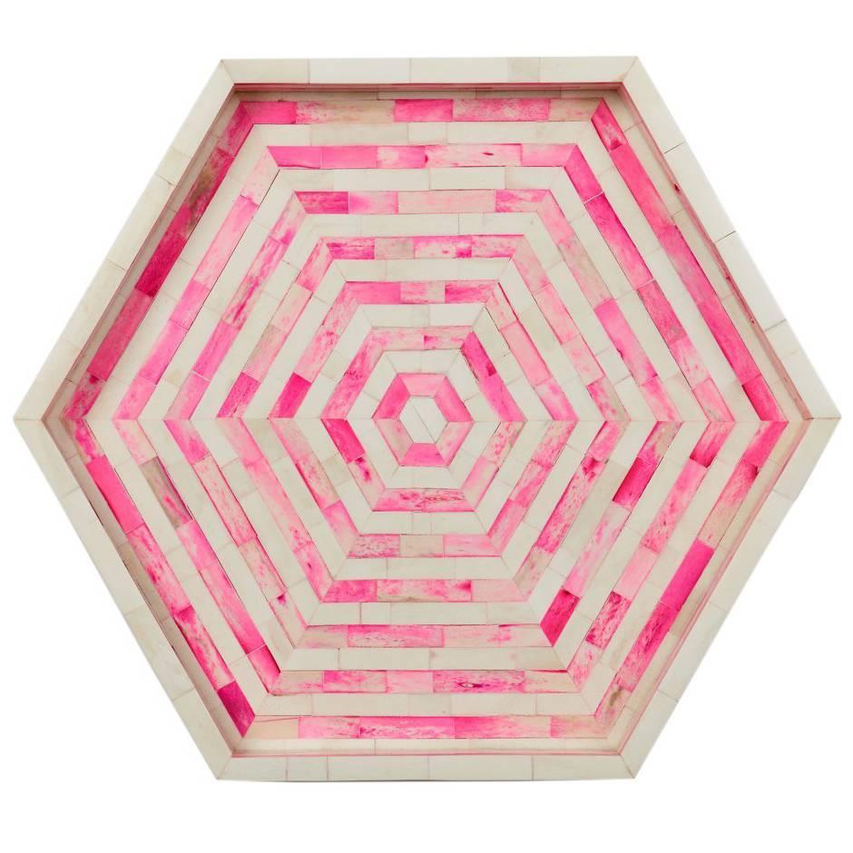 Octagon Pink and White Stripped Bone Inlay Cocktail Tray For Sale