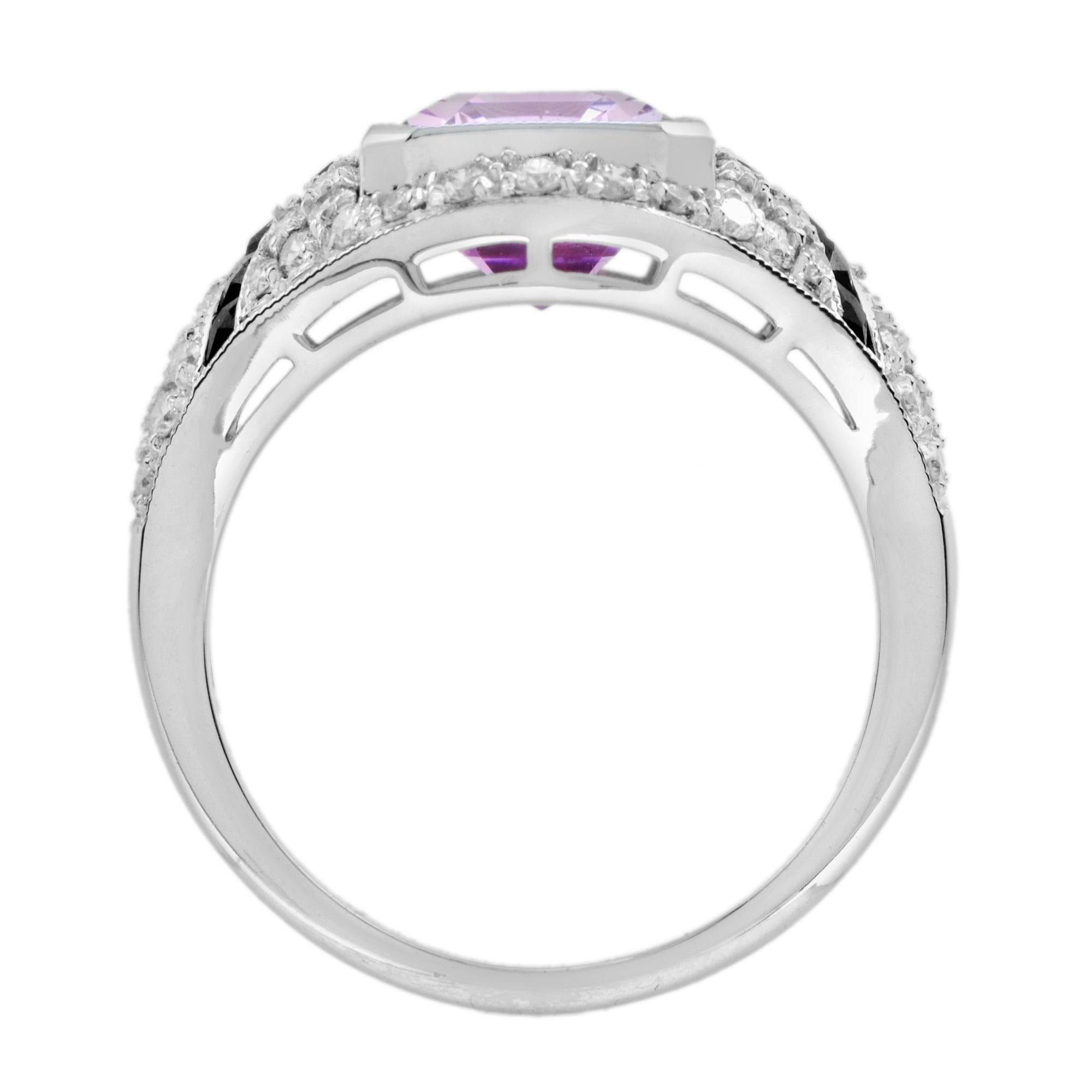 Taglio smeraldo Anello in oro bianco stile Art Deco con ottagono, Kunzite rosa e diamanti incastonati nell'onice in vendita