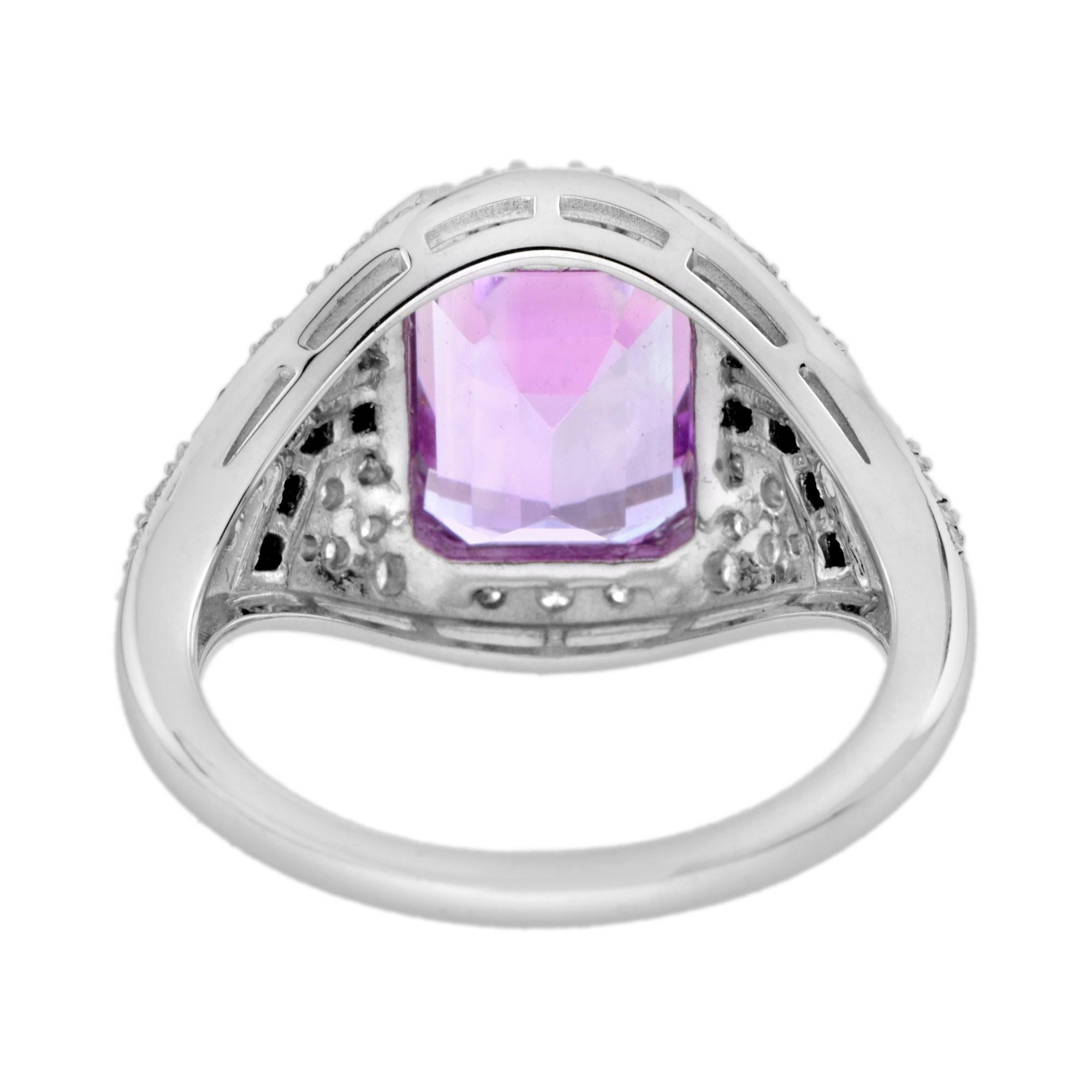 Anello in oro bianco stile Art Deco con ottagono, Kunzite rosa e diamanti incastonati nell'onice In condizioni Nuovo in vendita a Oakton, VA