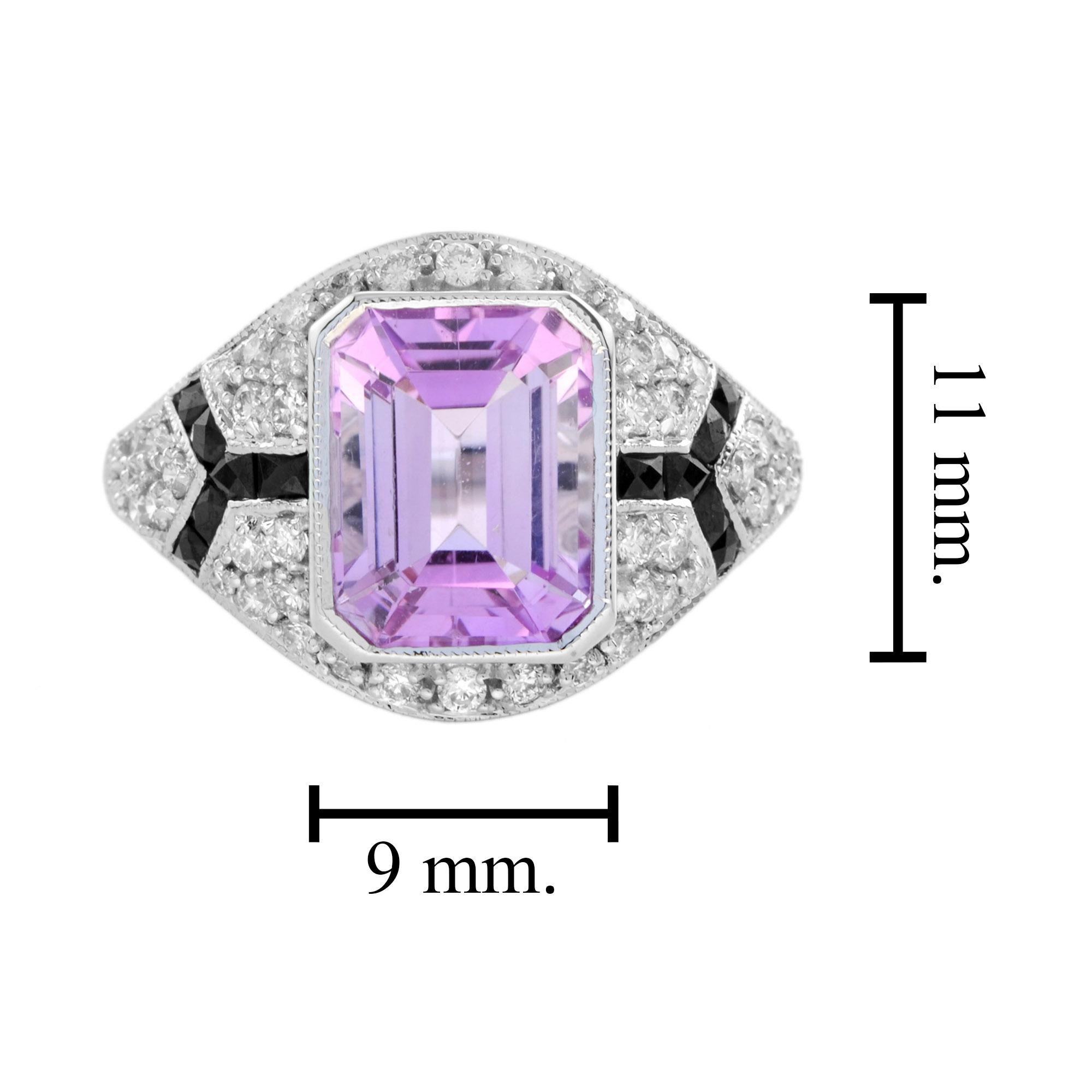 Anello in oro bianco stile Art Deco con ottagono, Kunzite rosa e diamanti incastonati nell'onice in vendita 1