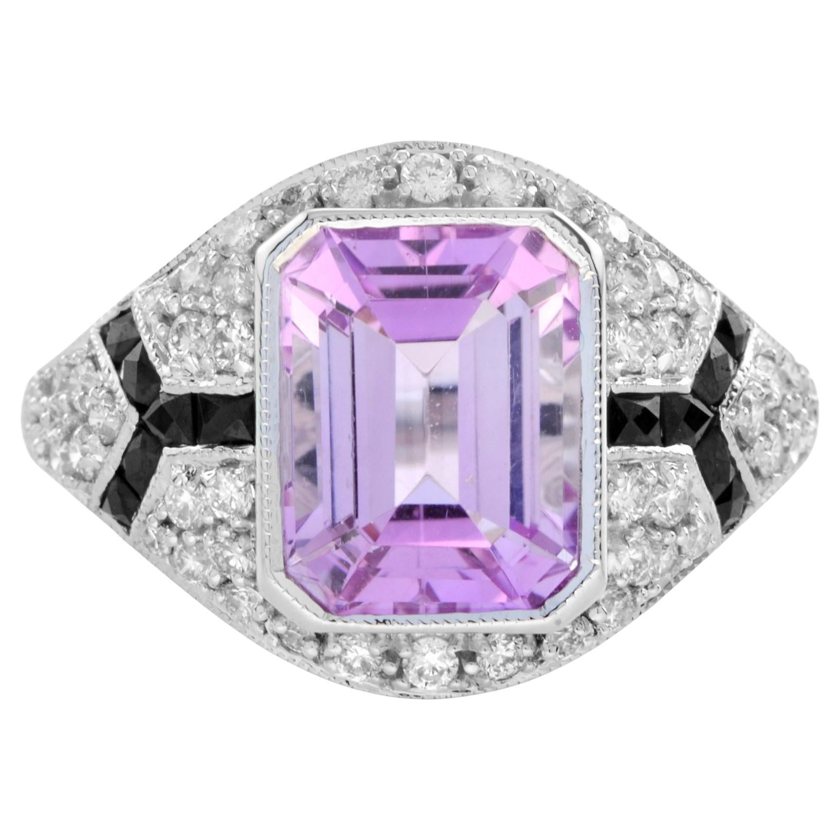 Anello in oro bianco stile Art Deco con ottagono, Kunzite rosa e diamanti incastonati nell'onice in vendita