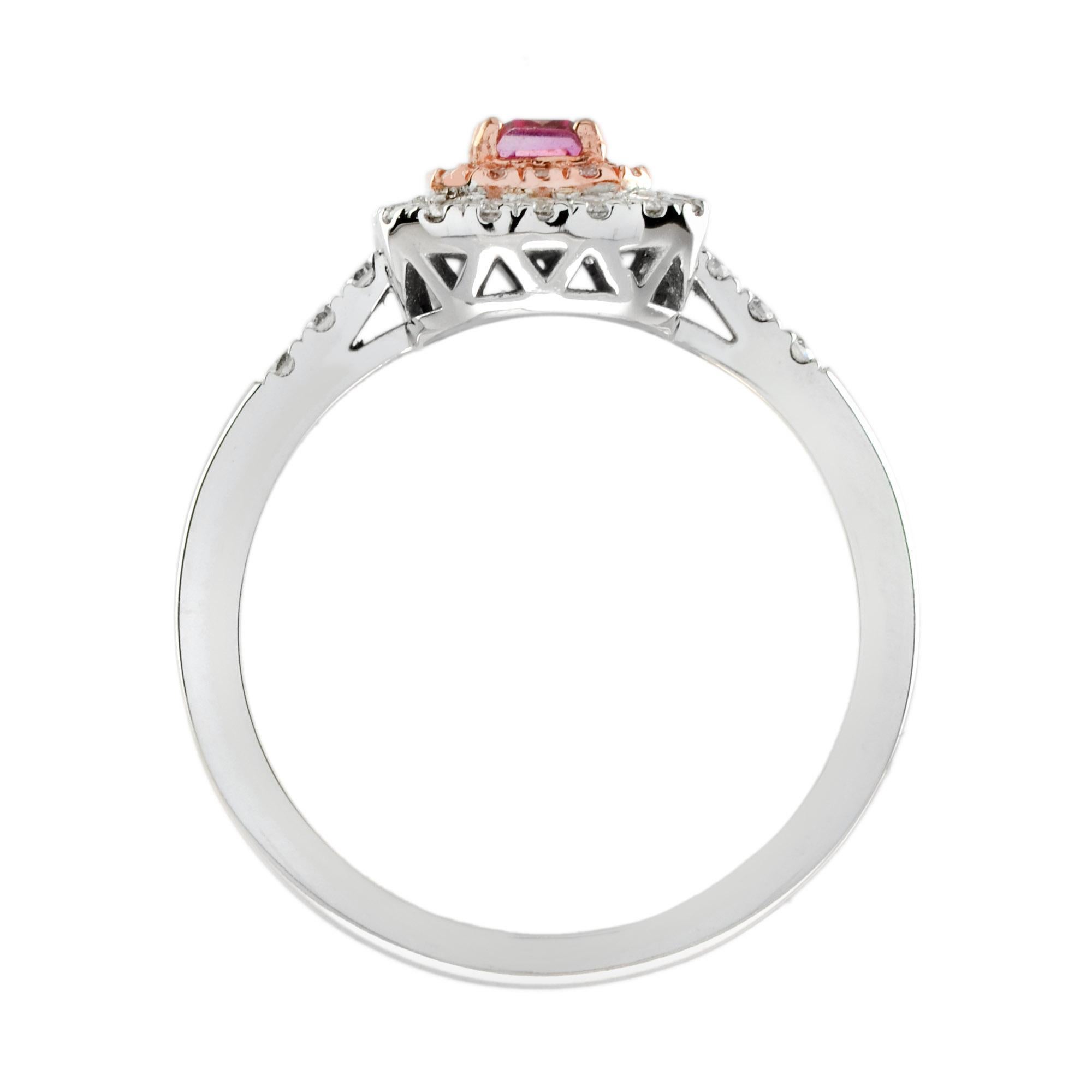 Octagon Pink Sapphire & Diamond Double Halo Set Engagement 14K White Gold Ring im Zustand „Neu“ im Angebot in Oakton, VA