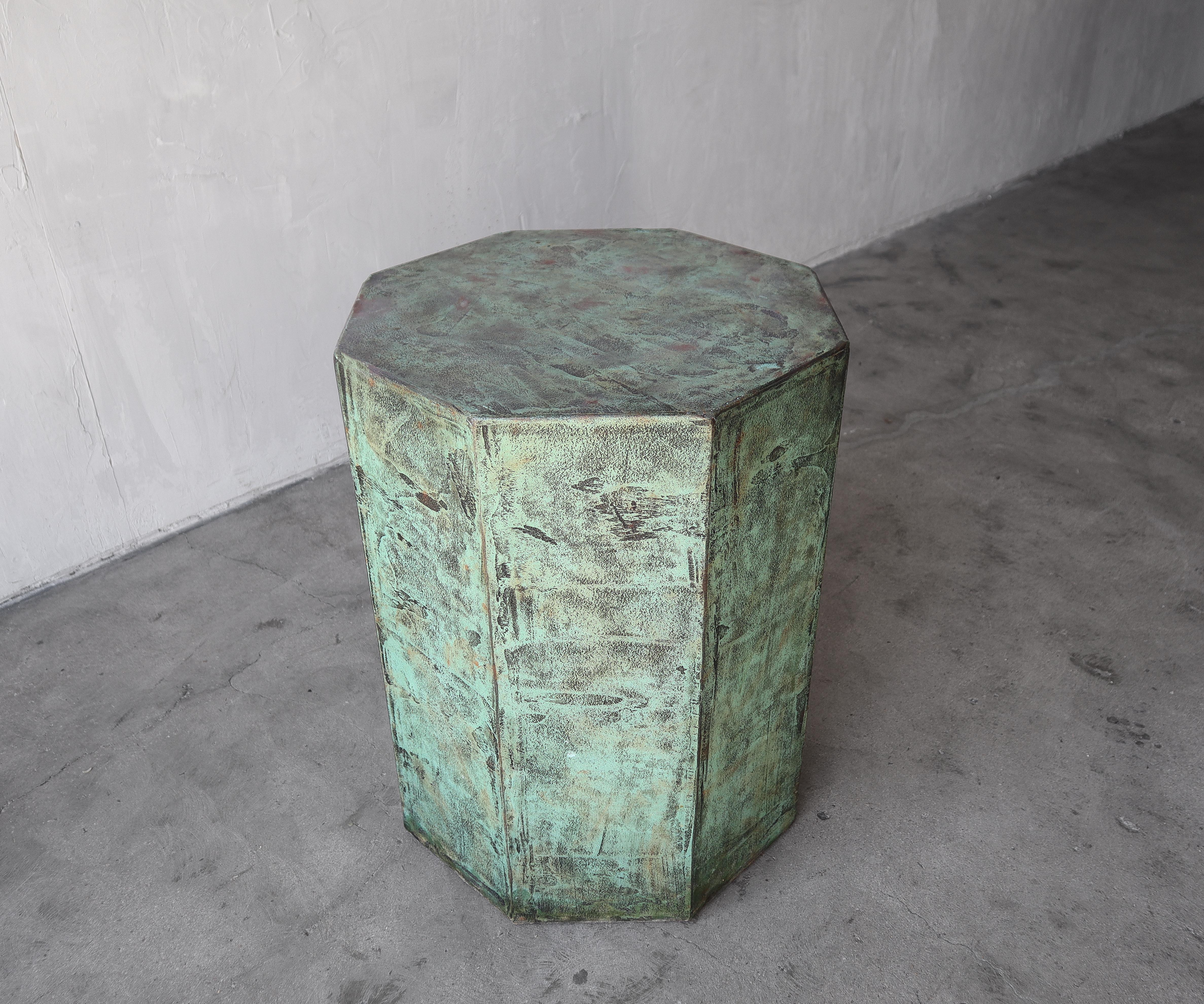 Unique octagonal pedestal, plaster over wood, faux finished to look like verdigris copper.  Can be used as a table base or oversized pedestal.

Base is in overall excellent vintage condition, with only very minimal wear from age and use.

