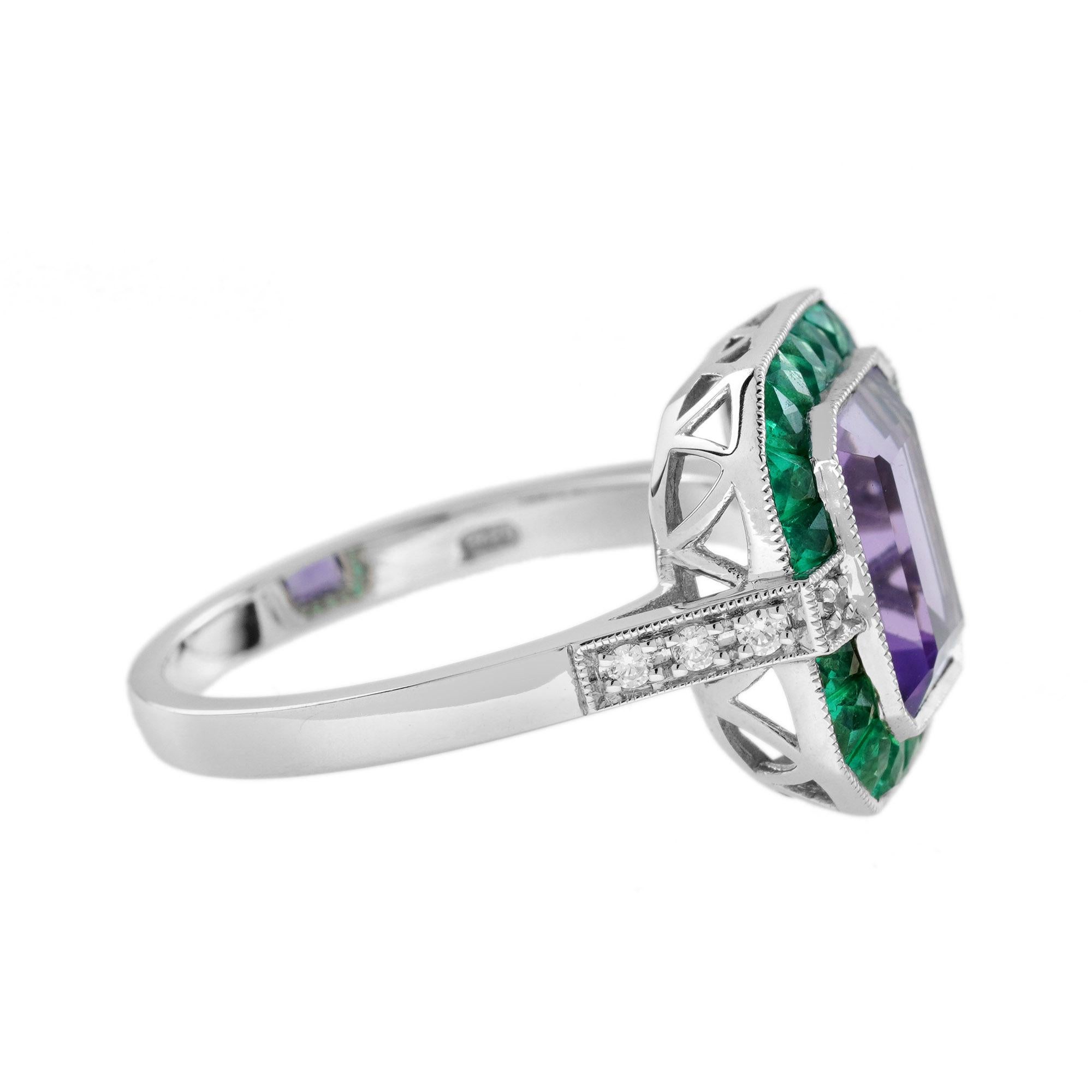 Emerald Cut Octagon Purple Violet Amethyst Emerald Diamond Art Deco Style White Gold Ring For Sale