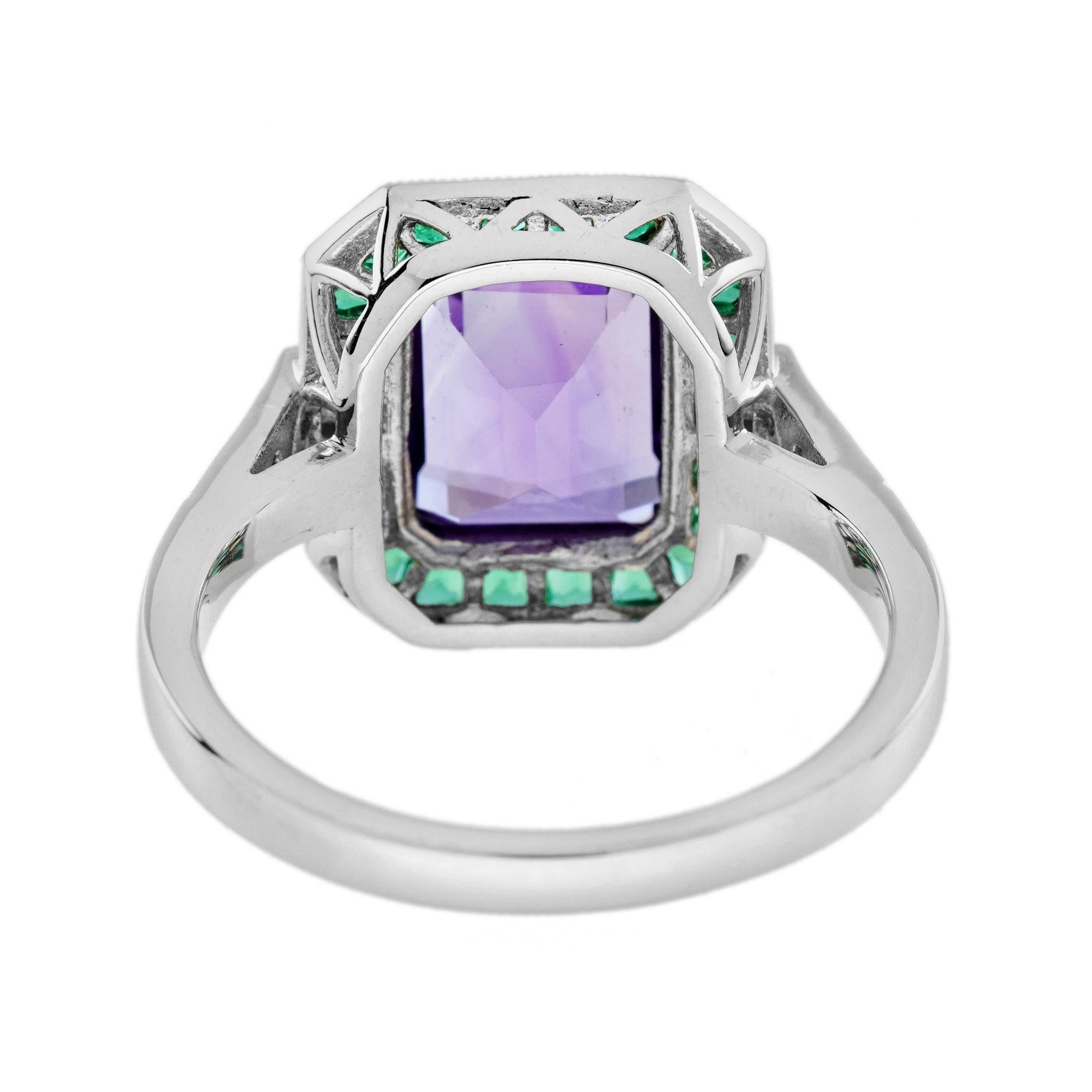 Octagon Purple Violet Amethyst Emerald Diamond Art Deco Style White Gold Ring In New Condition For Sale In Oakton, VA