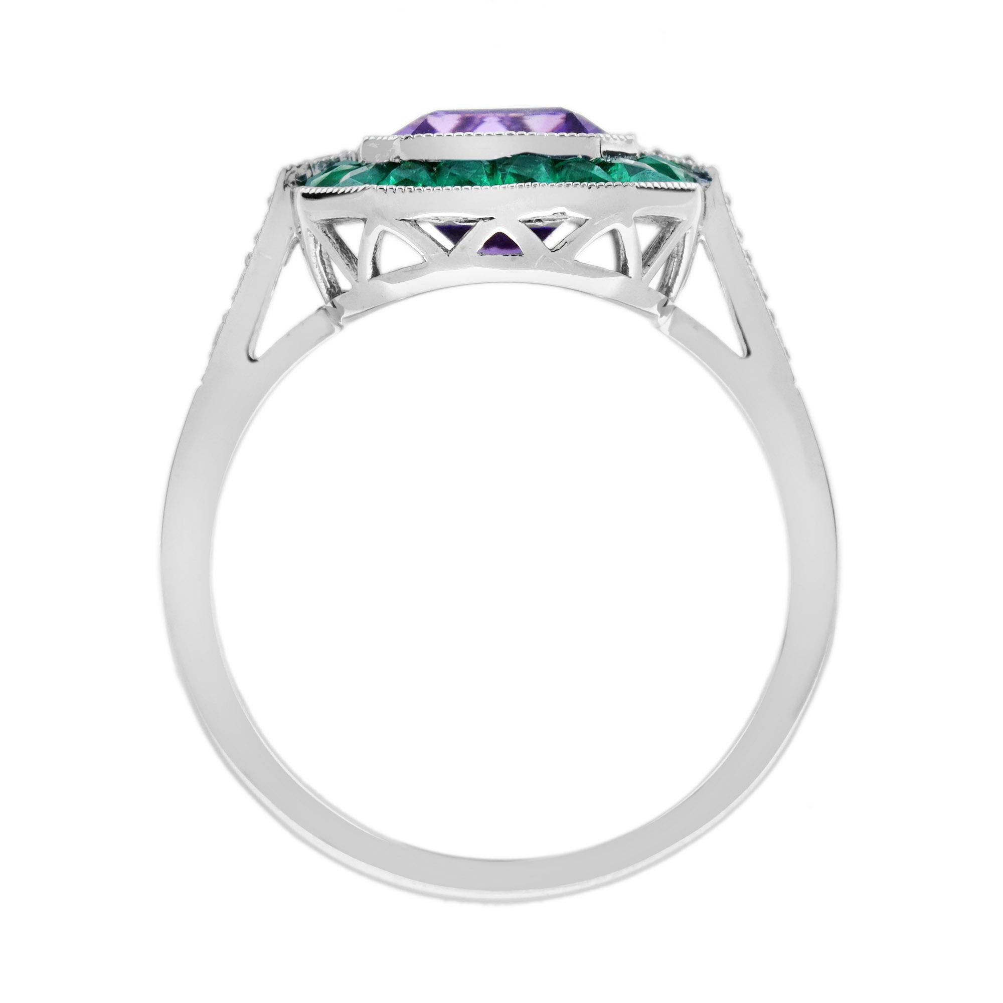 Women's or Men's Octagon Purple Violet Amethyst Emerald Diamond Art Deco Style White Gold Ring For Sale