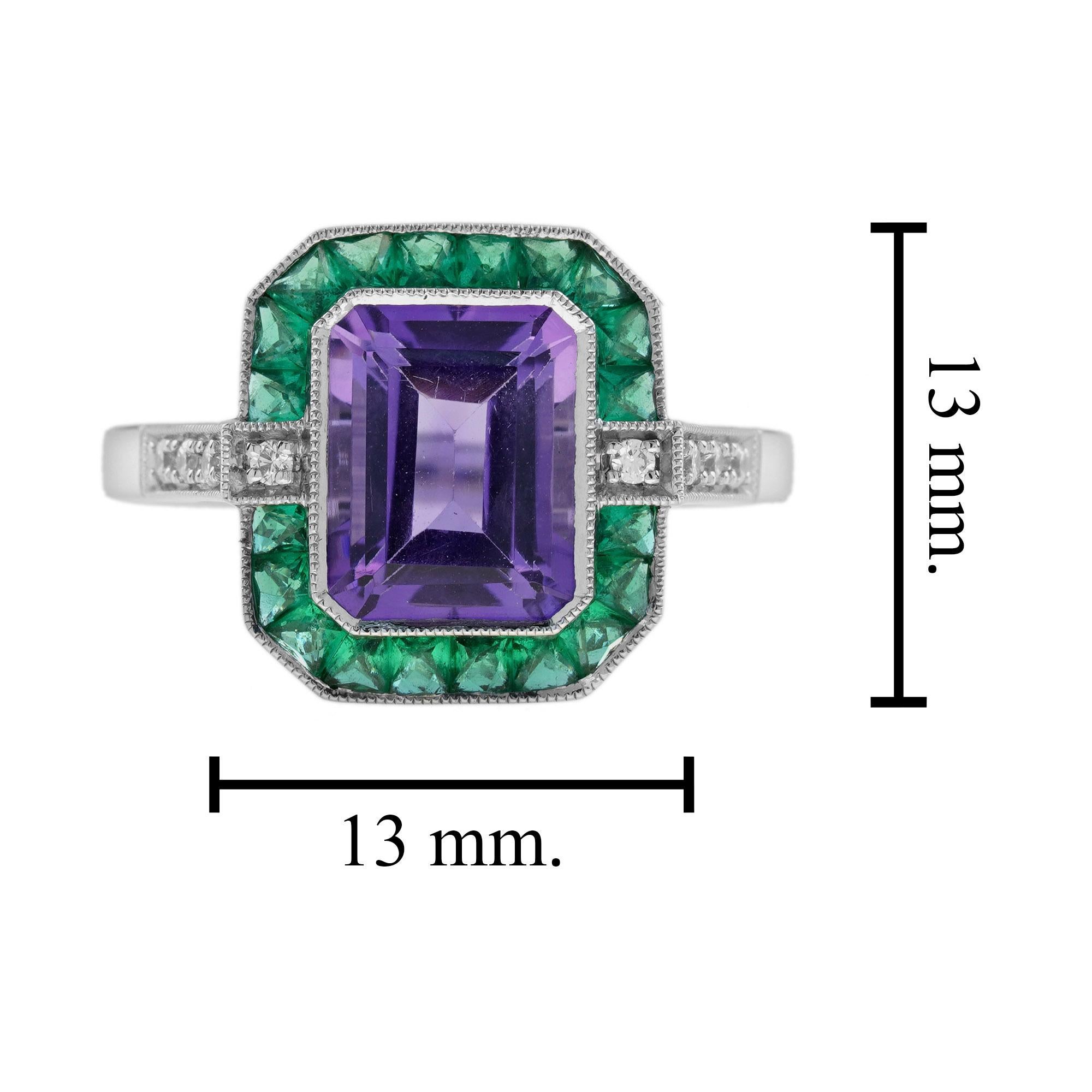 Octagon Purple Violet Amethyst Emerald Diamond Art Deco Style White Gold Ring For Sale 1