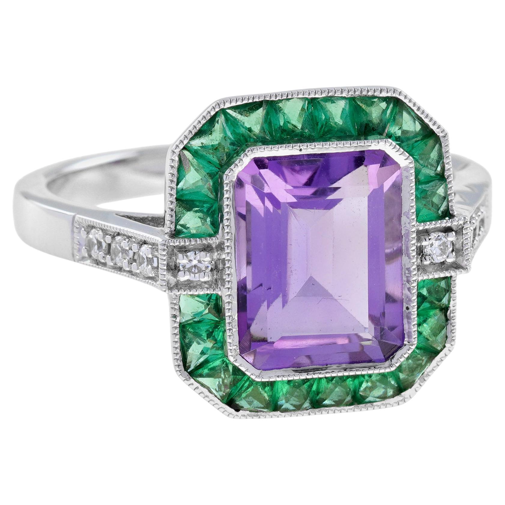 Octagon Purple Violet Amethyst Emerald Diamond Art Deco Style White Gold Ring For Sale