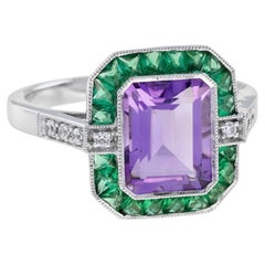 Octagon Purple Violet Amethyst Emerald Diamond Art Deco Style White Gold Ring