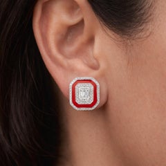 Octagon Red Enamel Diamond Halo Stud Earrings 14k White Gold