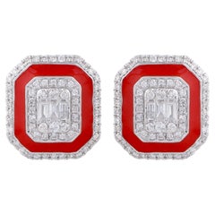 Octagon Red Enamel Diamond Halo Stud Earrings 18k White Gold