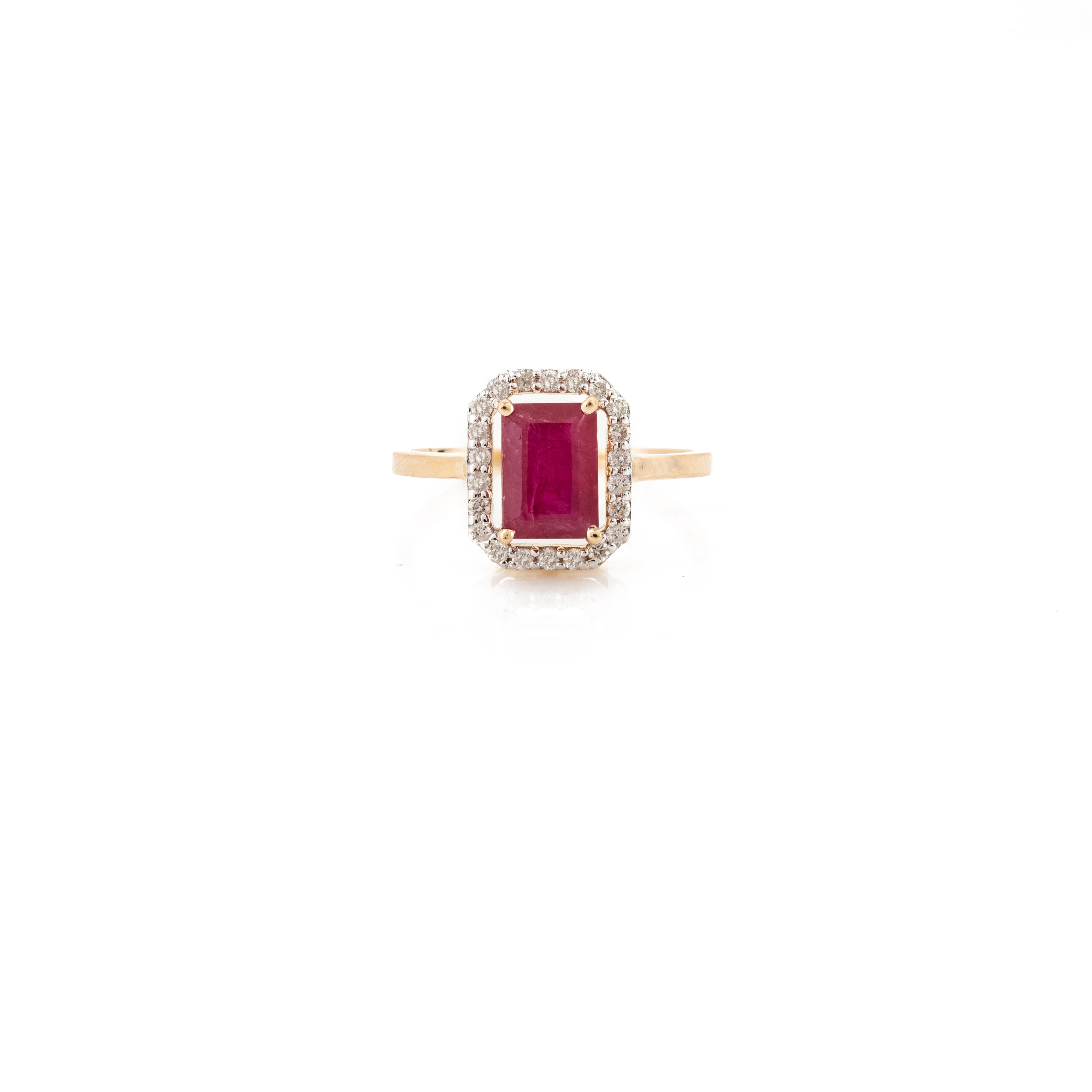 For Sale:  Deep Red Ruby Halo Diamond Engagement Ring in Solid 18 Karat Yellow Gold 3