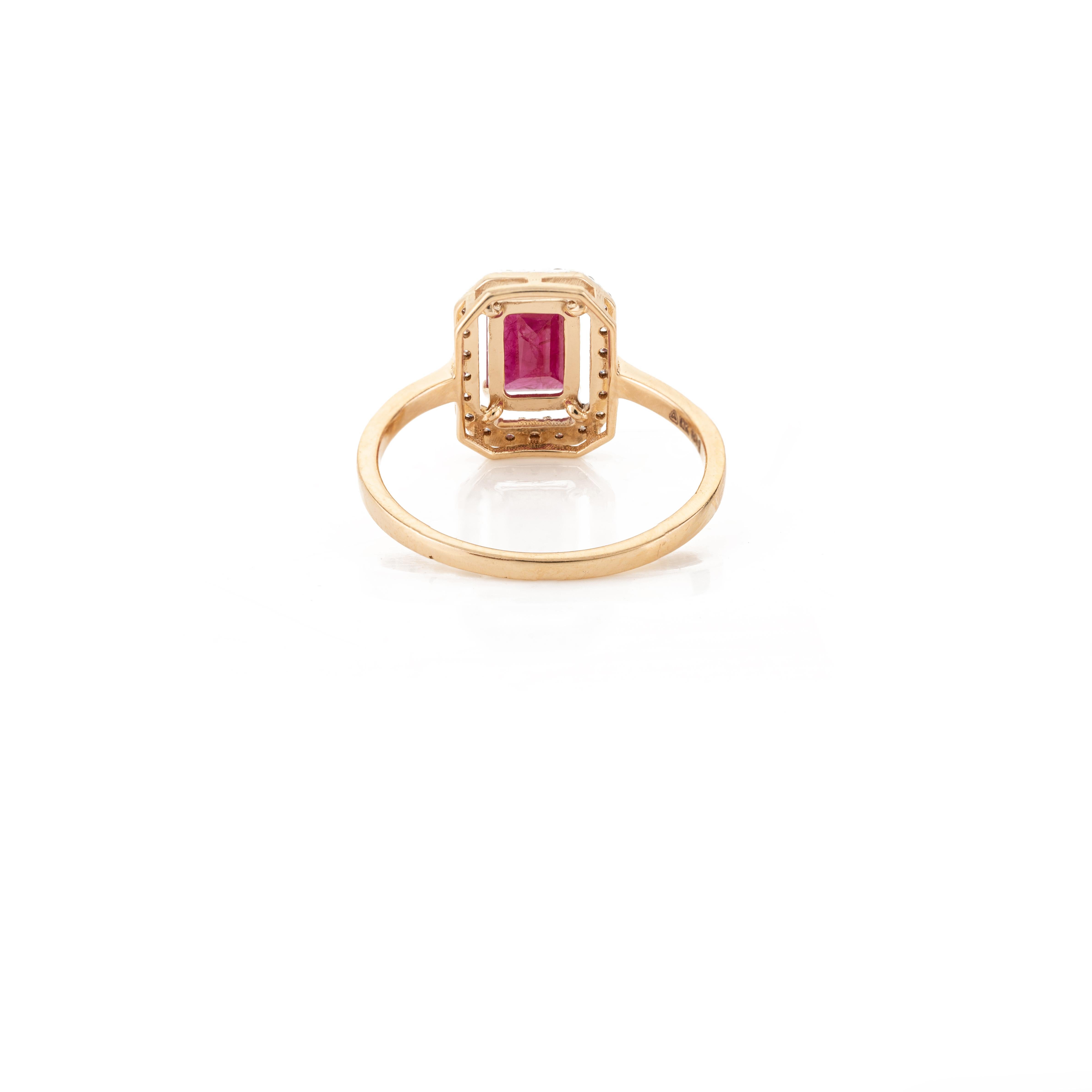 For Sale:  Deep Red Ruby Halo Diamond Engagement Ring in Solid 18 Karat Yellow Gold 6