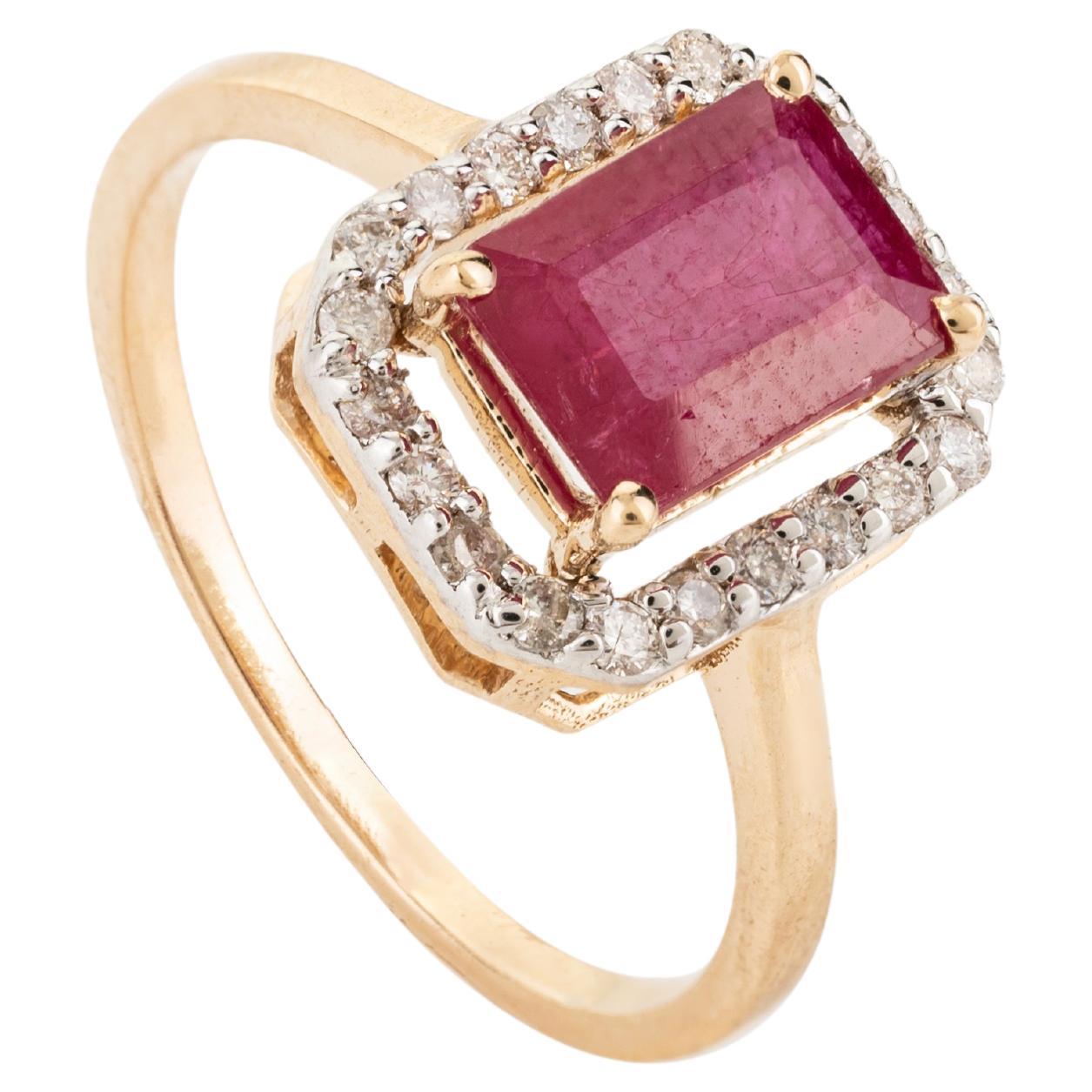 For Sale:  Deep Red Ruby Halo Diamond Engagement Ring in Solid 18 Karat Yellow Gold