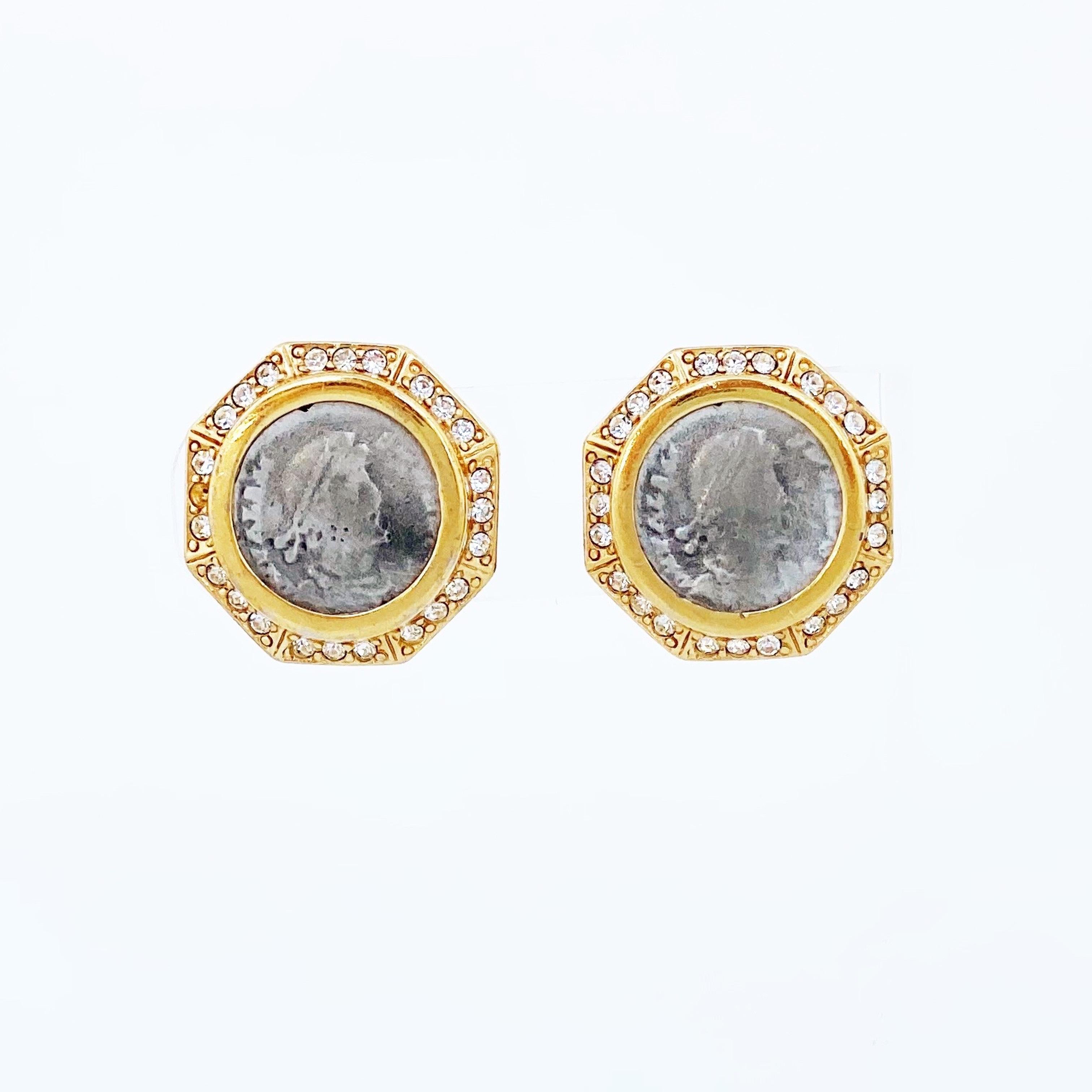 Modern Octagon Roman Coin Earrings With Crystal Accents By Ciner, 1980s For Sale