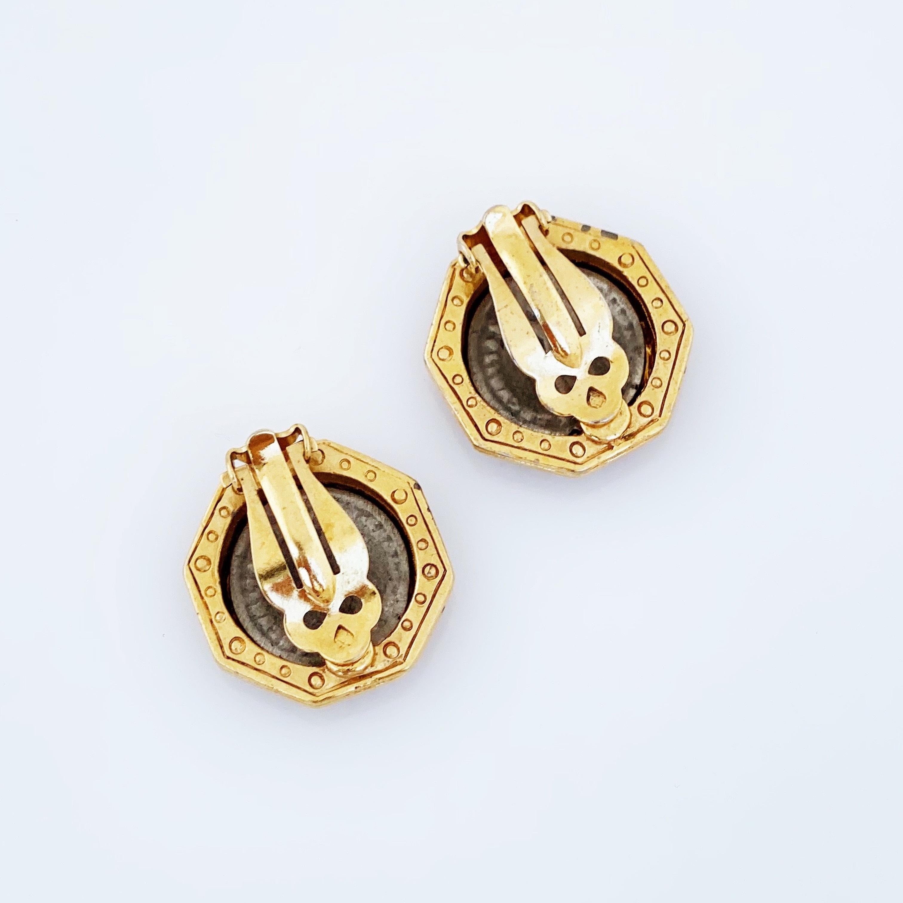 Octagon Roman Coin Earrings With Crystal Accents By Ciner, 1980s In Good Condition For Sale In McKinney, TX