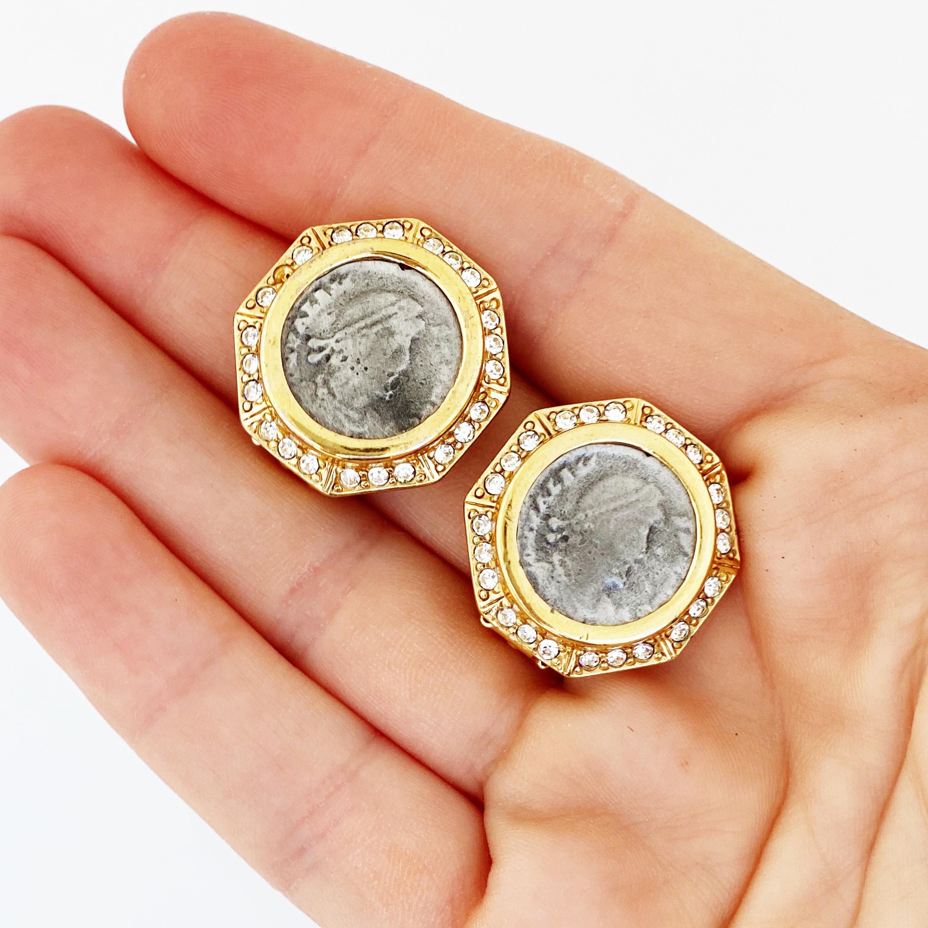 Women's Octagon Roman Coin Earrings With Crystal Accents By Ciner, 1980s For Sale