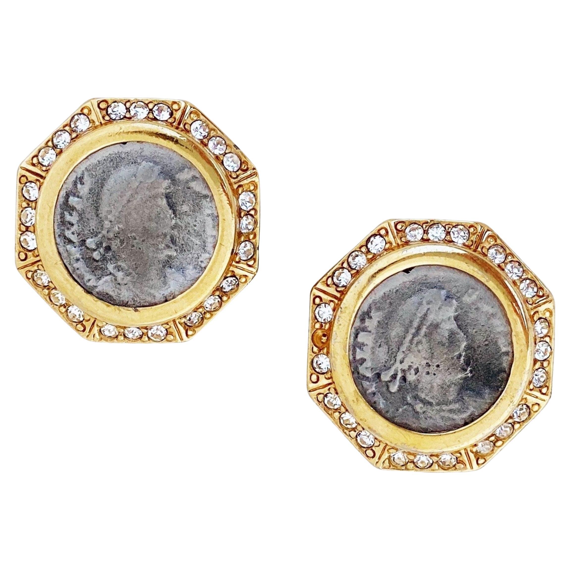 Octagon Roman Coin Earrings With Crystal Accents By Ciner, 1980s For Sale