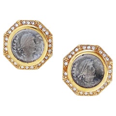 Octagon Roman Coin Earrings With Crystal Accents By Ciner, 1980s
