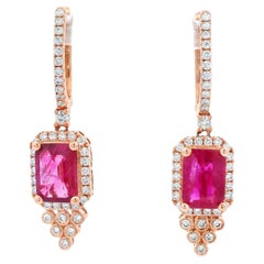 Octagon Ruby and Diamond Halo Drop Earrings in 14K Rose Gold