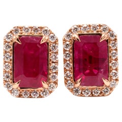 Octagon Ruby and Diamond Halo Rose Gold Stud Earrings Classic Elegant and Rare