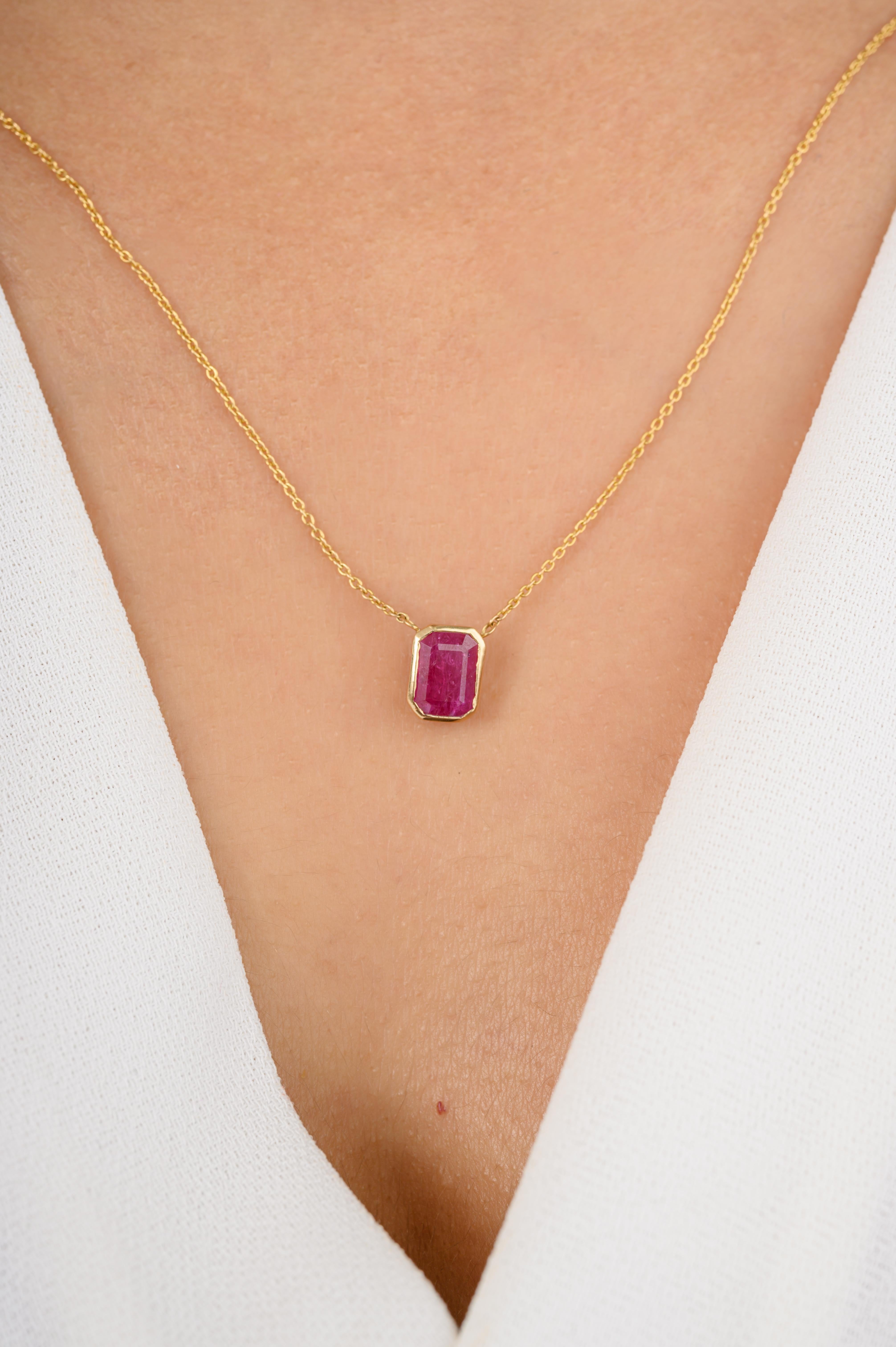Octagon Ruby Single Stone Pendant Necklace Gift for Christmas in 14K Gold studded with octagon cut ruby. This stunning piece of jewelry instantly elevates a casual look or dressy outfit. 
Ruby improves mental strength.
Designed with octagon cut ruby
