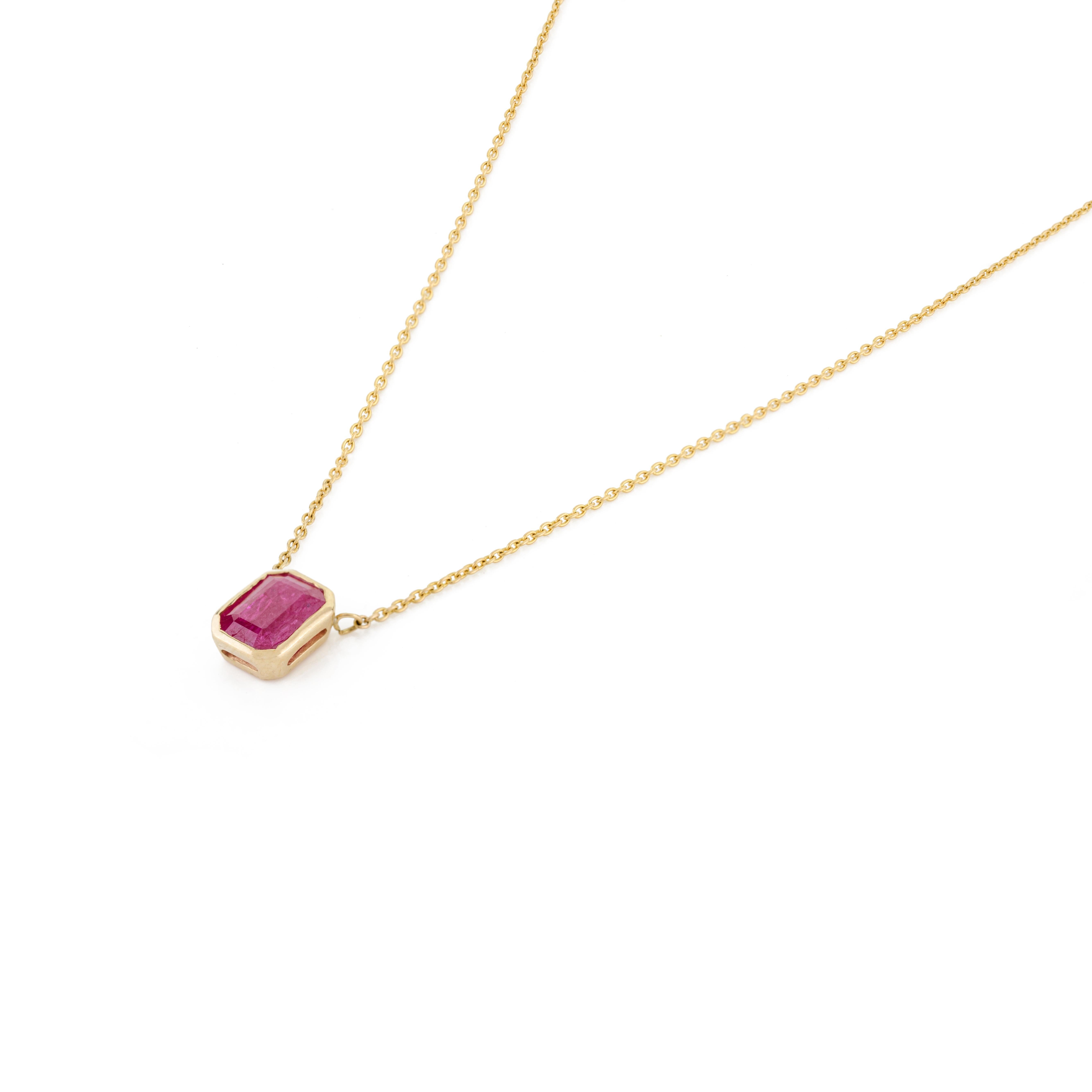 Modernist Octagon Ruby Single Stone Pendant Necklace Gift for Christmas in 14k Yellow Gold For Sale