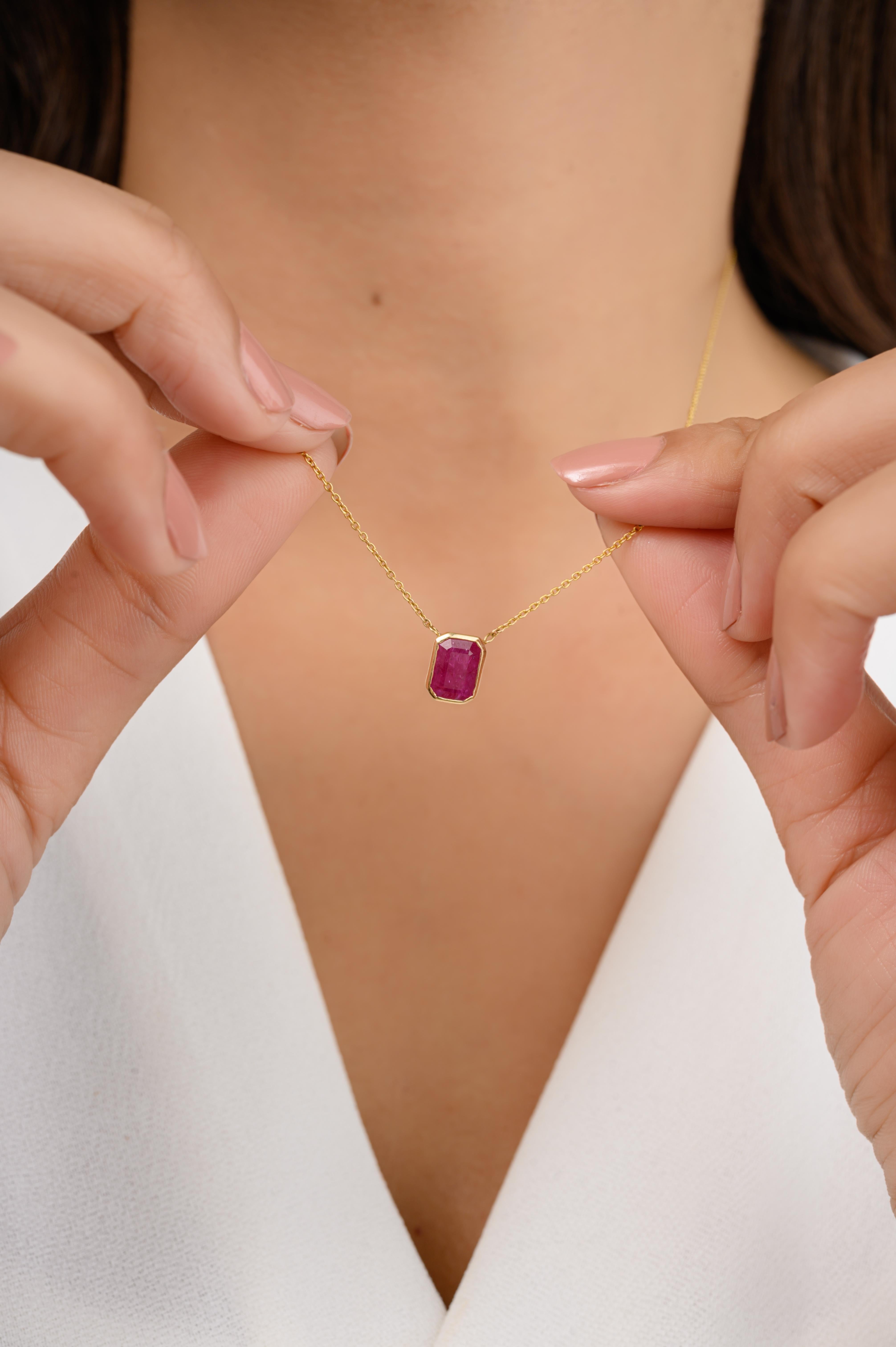 Women's Octagon Ruby Single Stone Pendant Necklace Gift for Christmas in 14k Yellow Gold For Sale