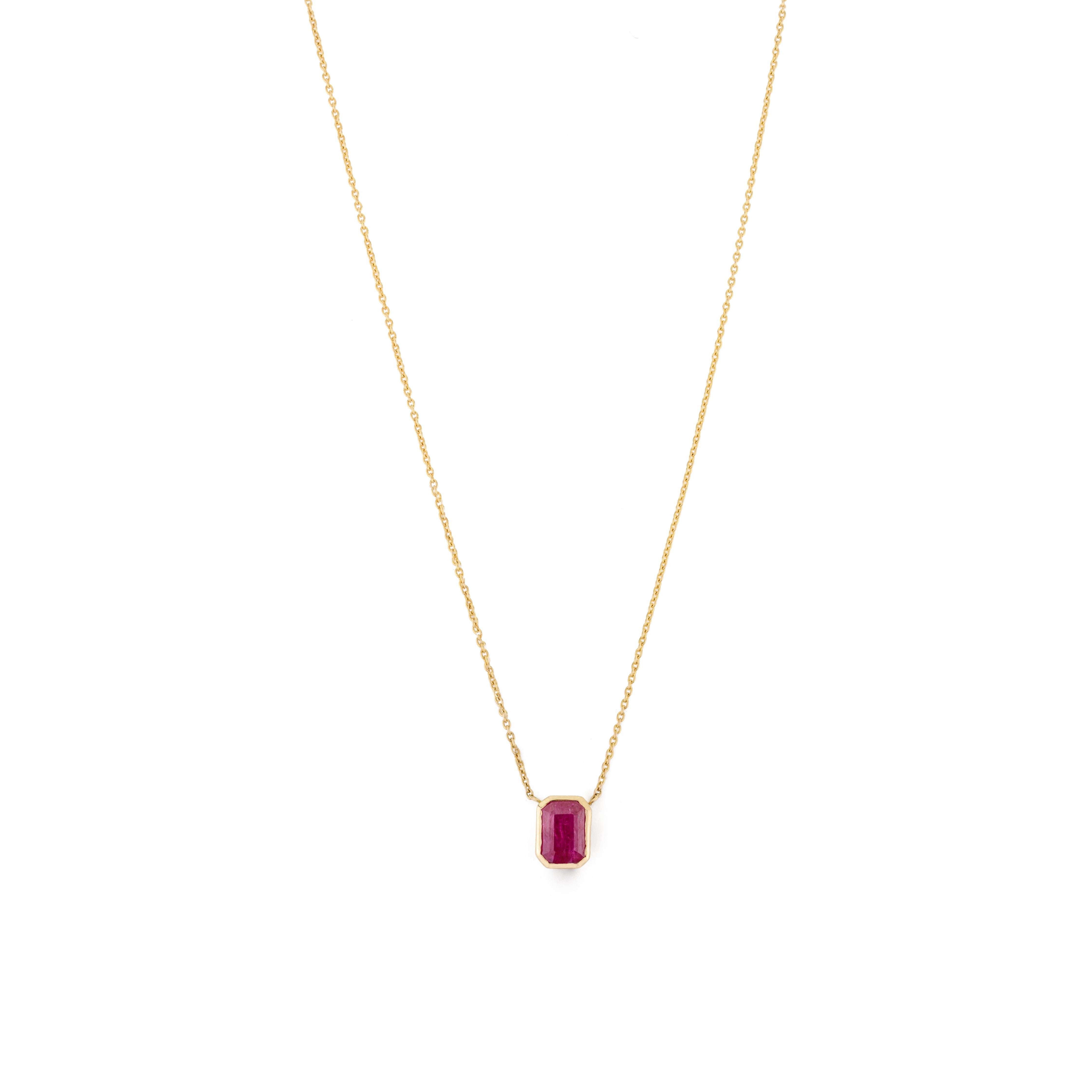 Octagon Ruby Single Stone Pendant Necklace Gift for Christmas in 14k Yellow Gold For Sale 1
