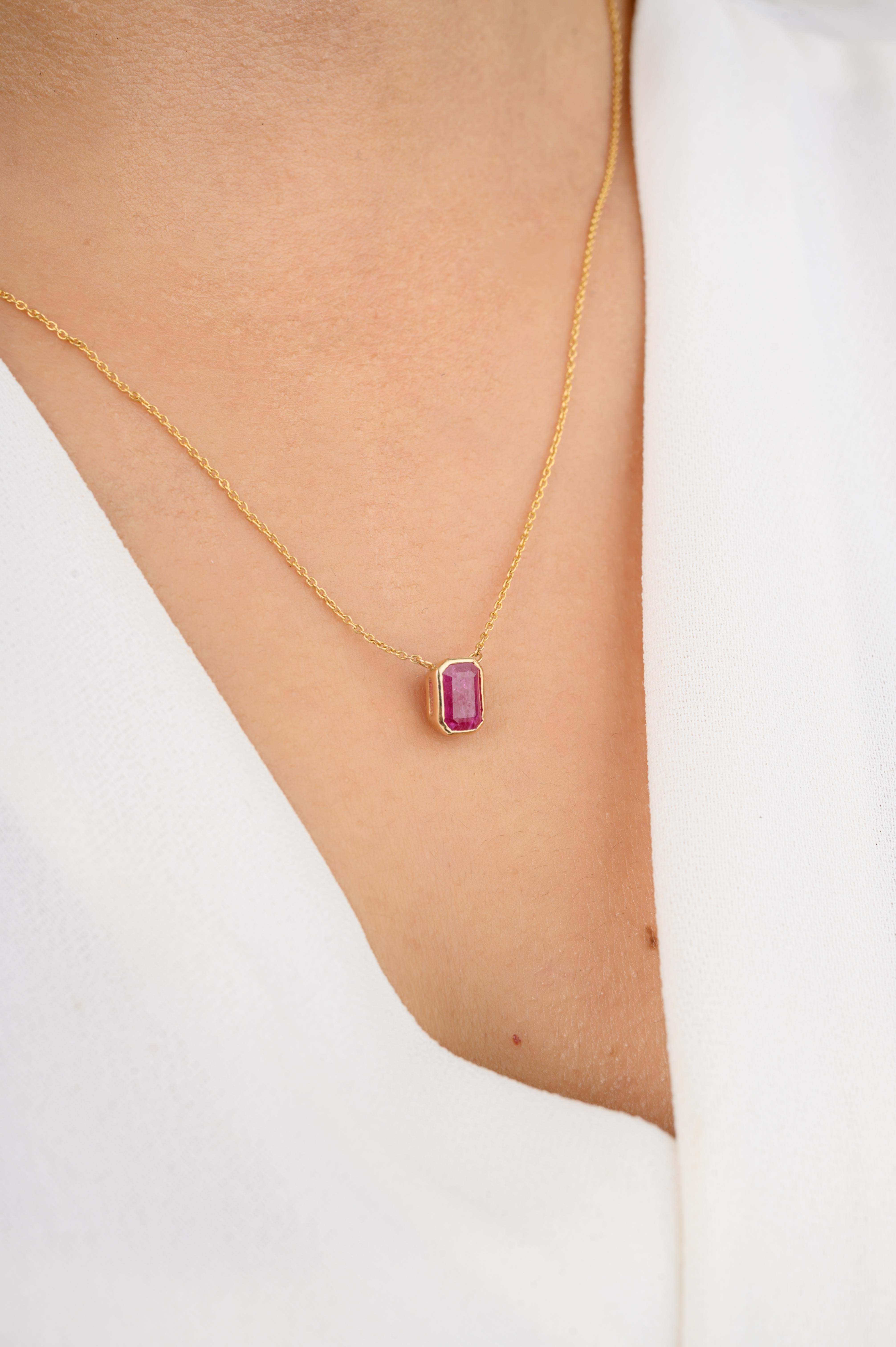 Octagon Ruby Single Stone Pendant Necklace Gift for Christmas in 14k Yellow Gold For Sale 2