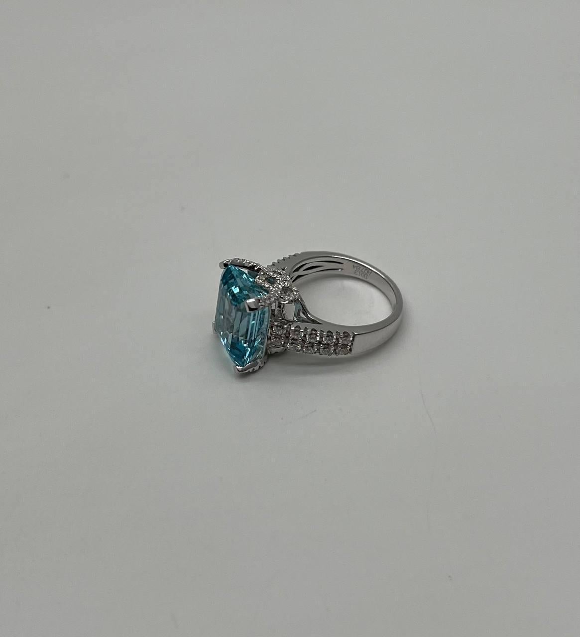 Octagon Cut Octagon Shape Blue Aquamarine Diamond Pave 14K White Gold Cocktail Ring For Sale