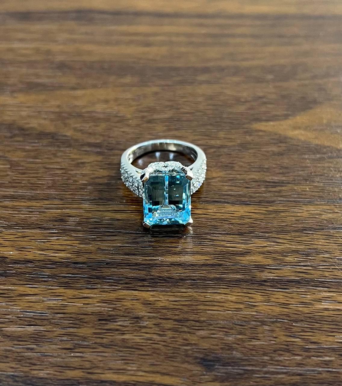 Women's Octagon Shape Blue Aquamarine Diamond Pave 14K White Gold Cocktail Ring For Sale