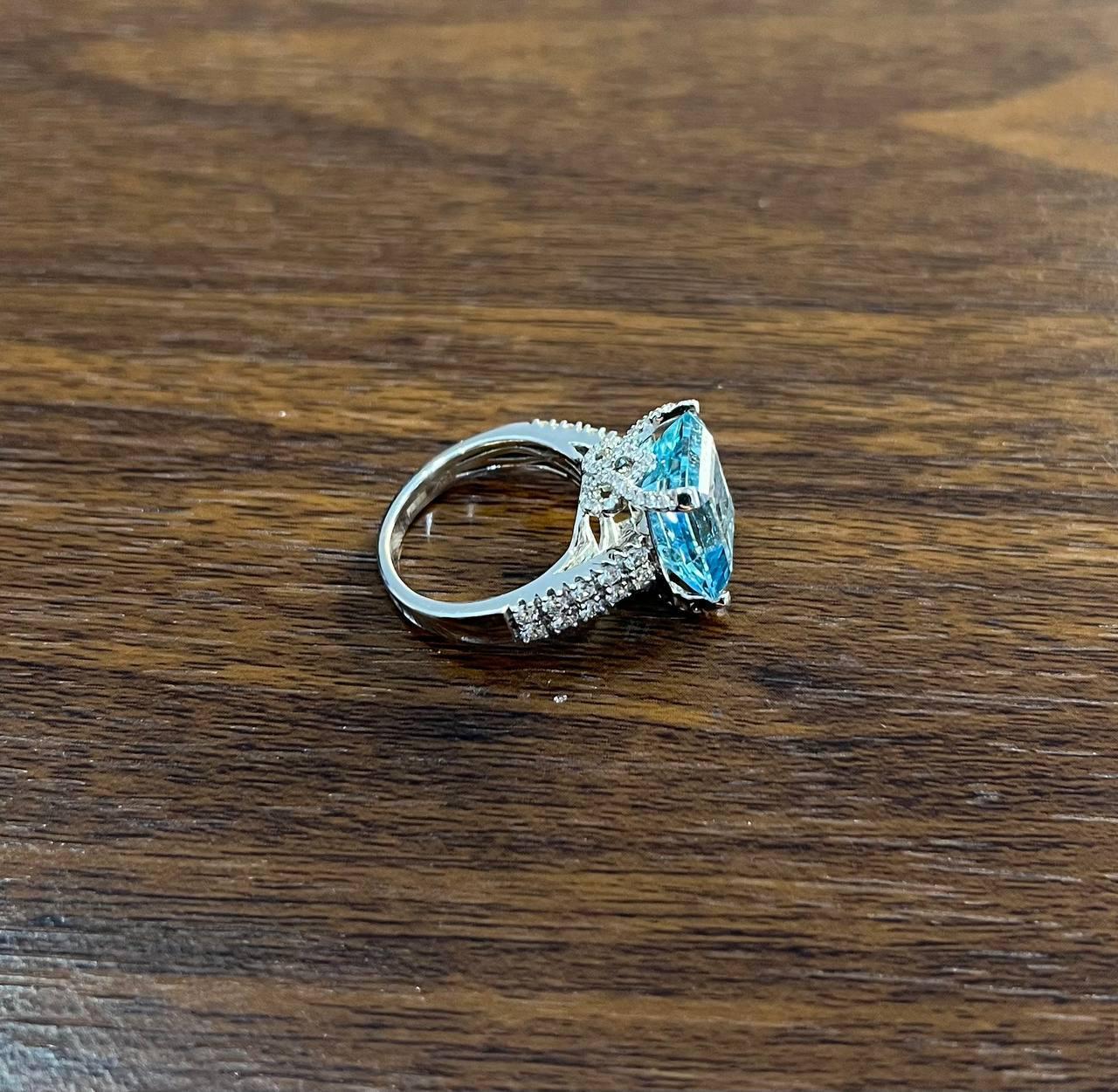Octagon Shape Blue Aquamarine Diamond Pave 14K White Gold Cocktail Ring For Sale 1