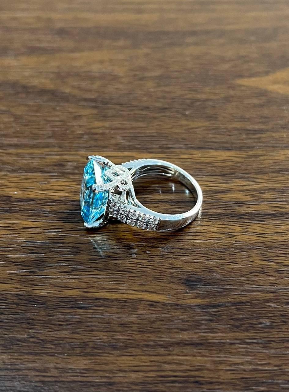 Octagon Shape Blue Aquamarine Diamond Pave 14K White Gold Cocktail Ring For Sale 2